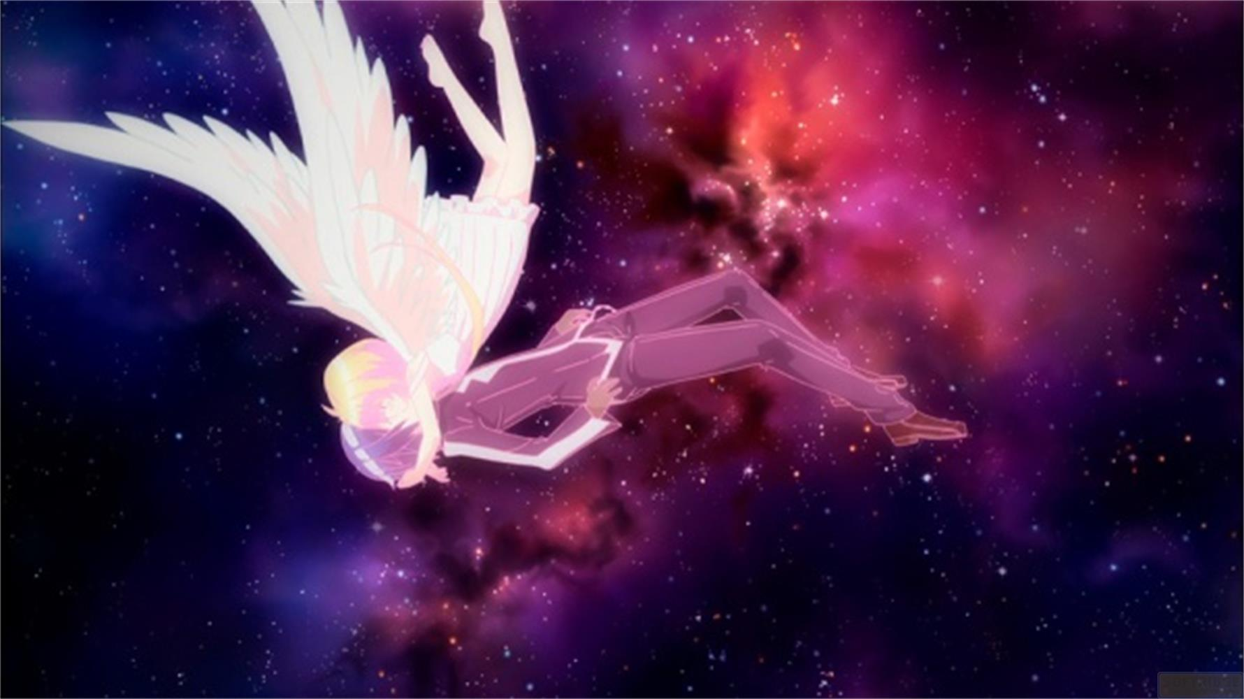 Una figura alata cade nello spazio con nebulose e stelle colorate.