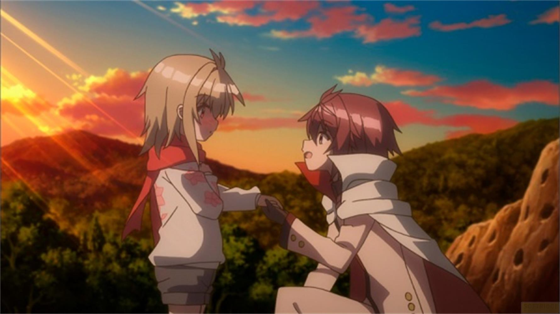 Due personaggi anime si tengono per mano con montagne e tramonto sullo sfondo.