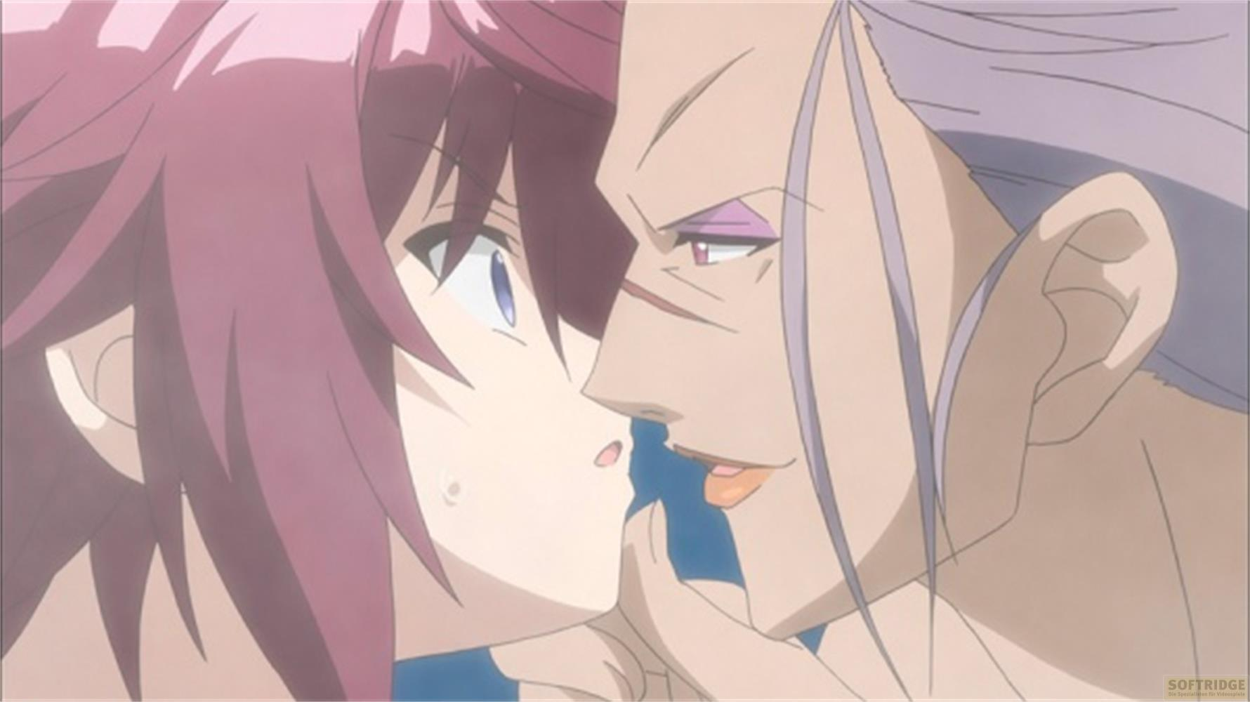 Due personaggi anime con capelli rossi e viola stanno per baciarsi.