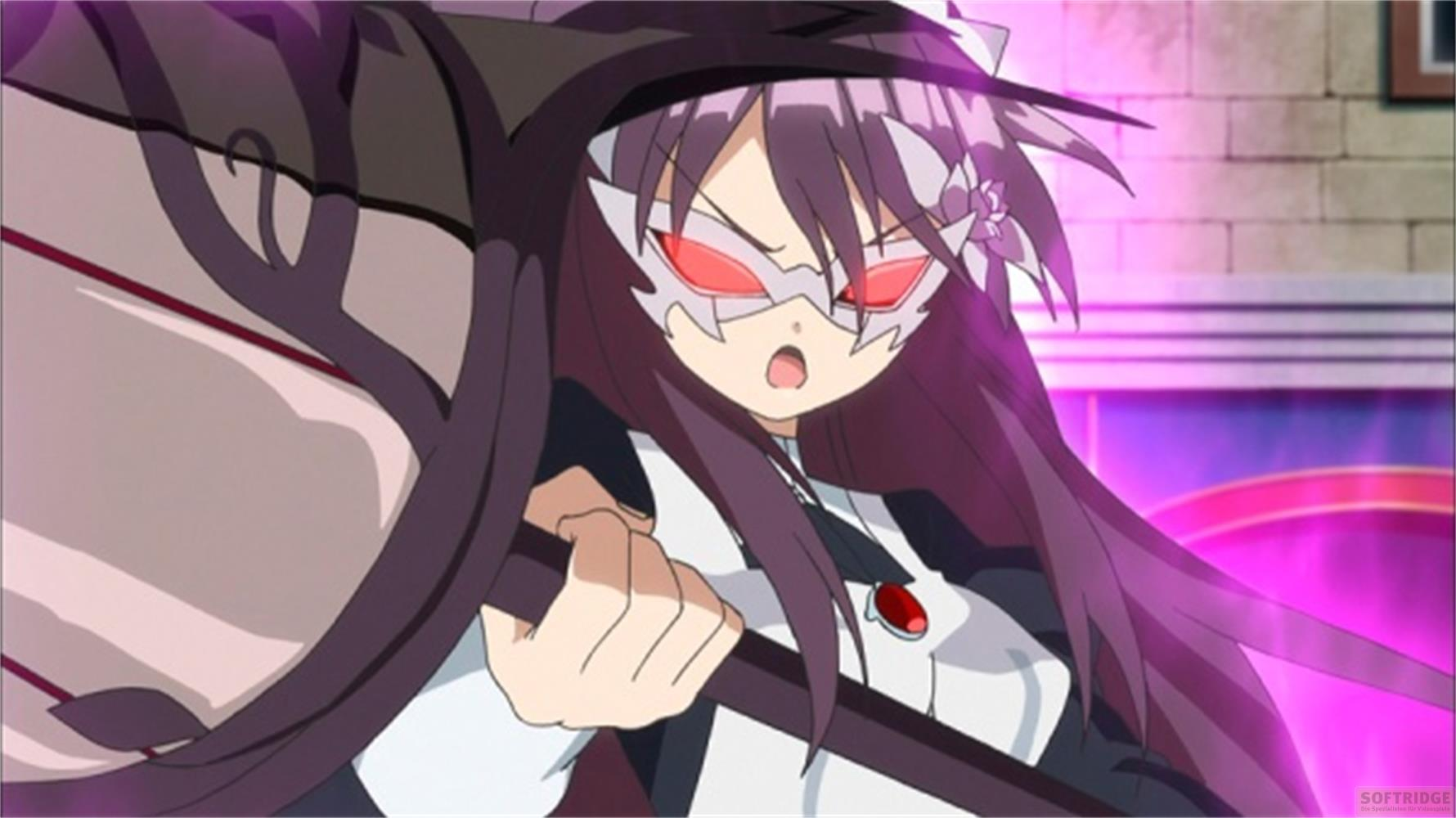 Personaggio anime con capelli viola, maschera e occhi rossi che tiene un bastone.