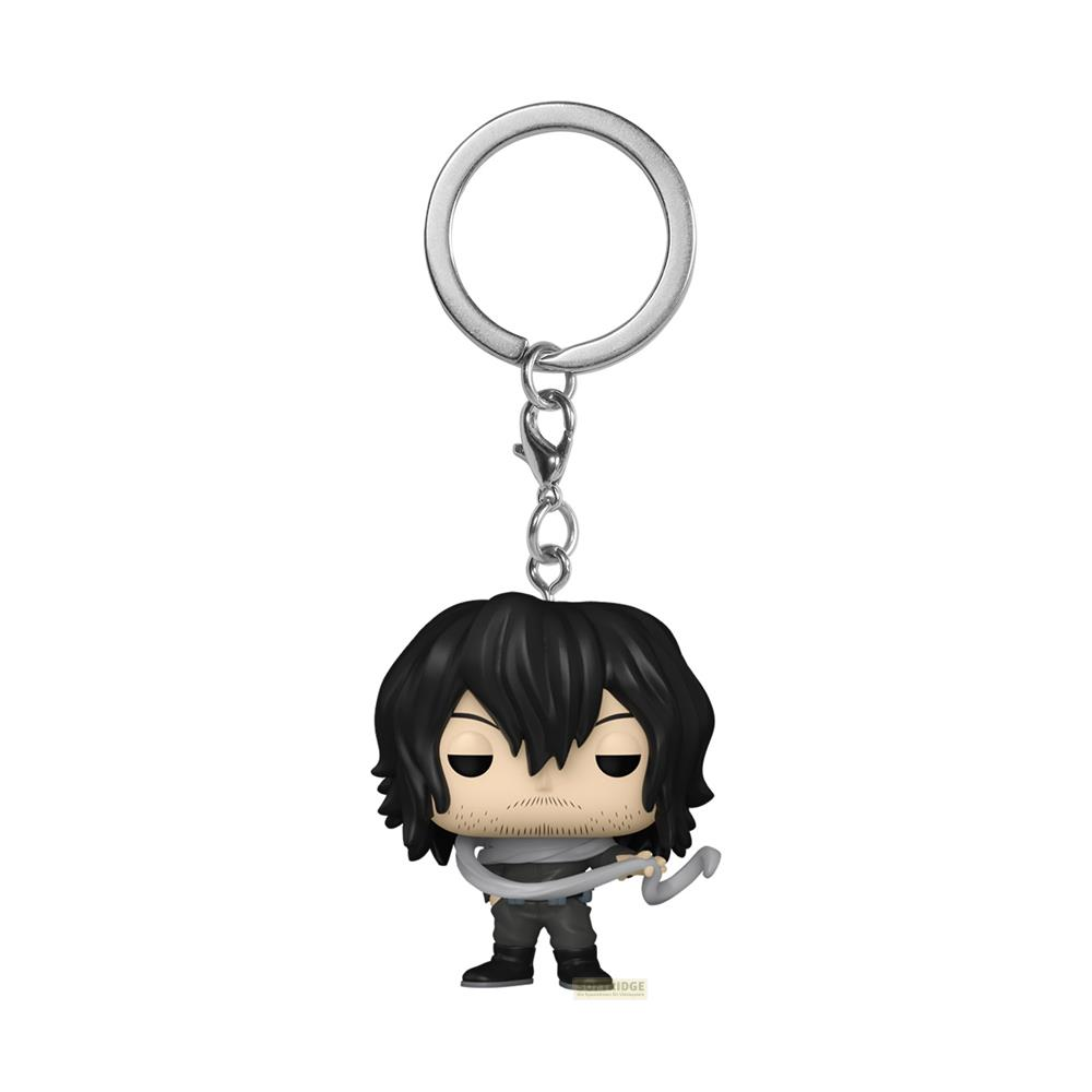 Ein Funko Pop Schlüsselanhänger mit einem Anime-Charakter mit schwarzen Haaren und grauer Kleidung.