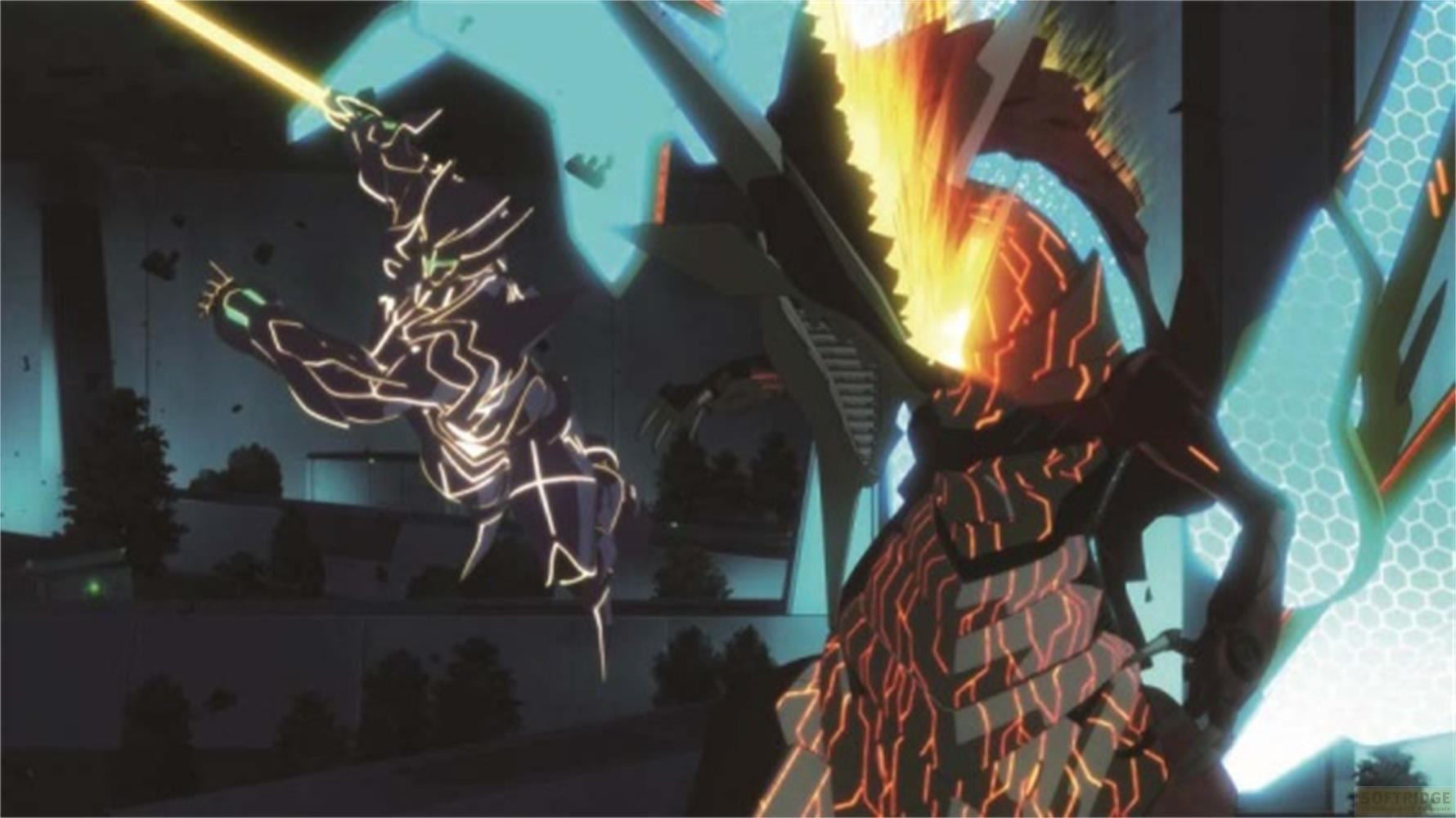 Due creature giganti luminose combattono in una città oscura.
