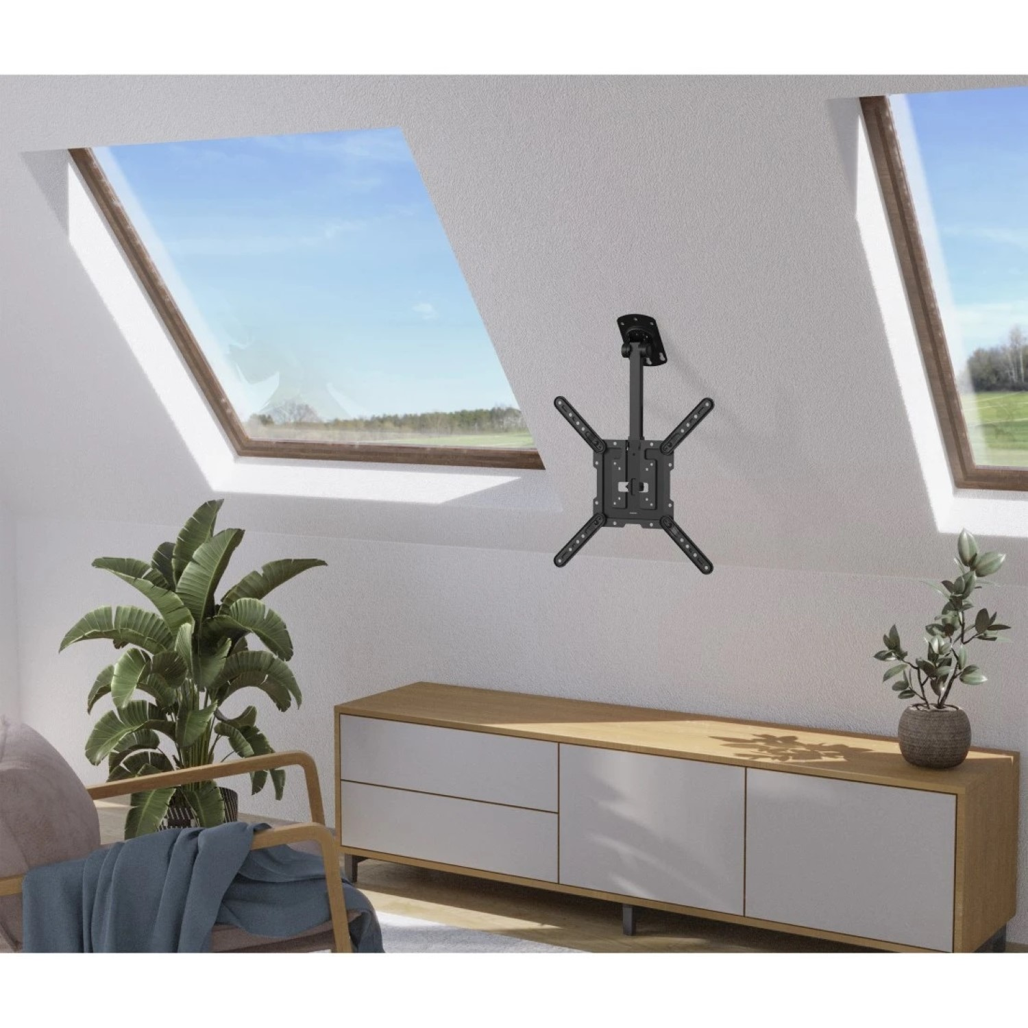 Schwarzer Deckenhalter für Fernseher an weißer Wand, mit Dachfenstern.