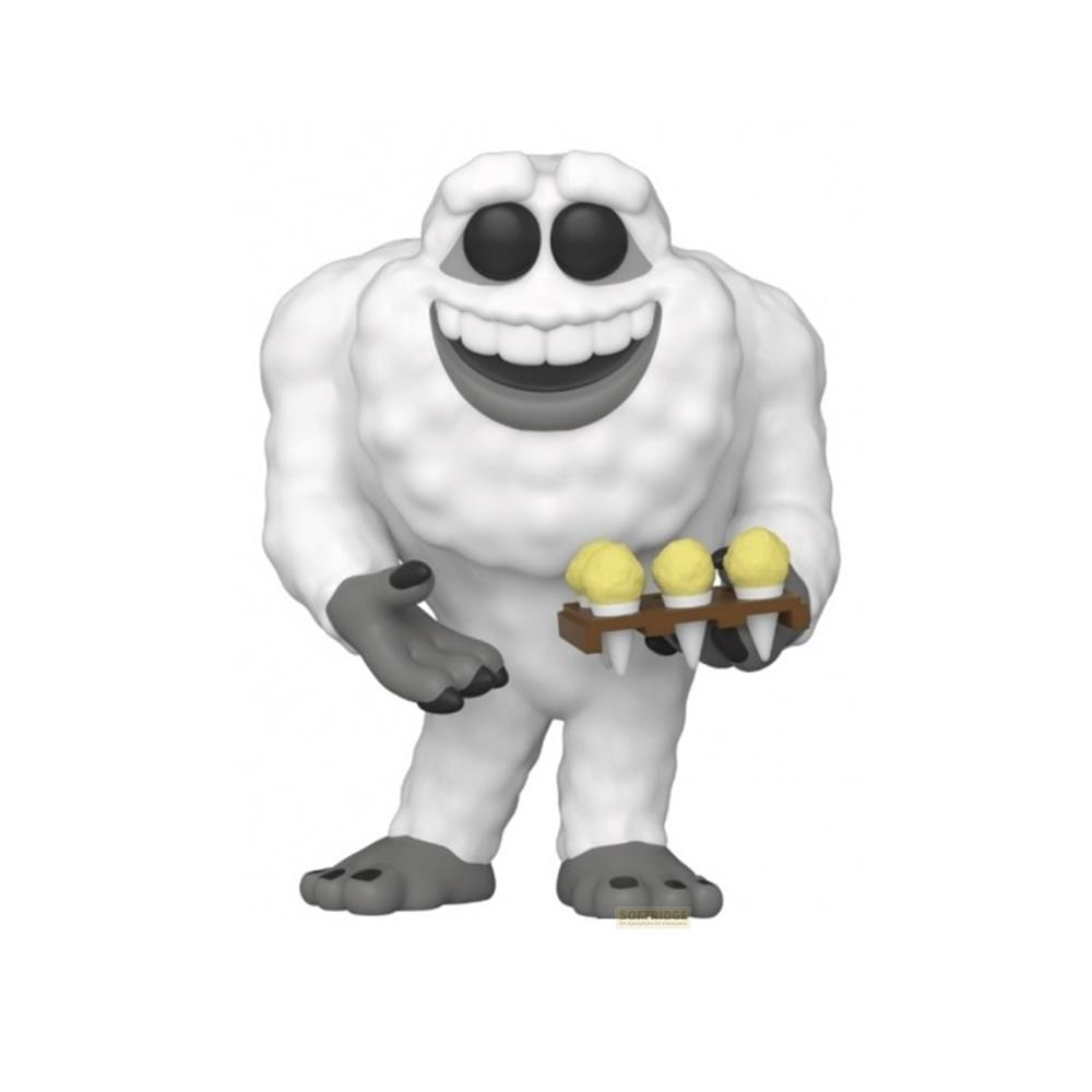 Ein weißer Yeti hält drei Eiswaffeln mit gelbem Eis in einer braunen Halterung.