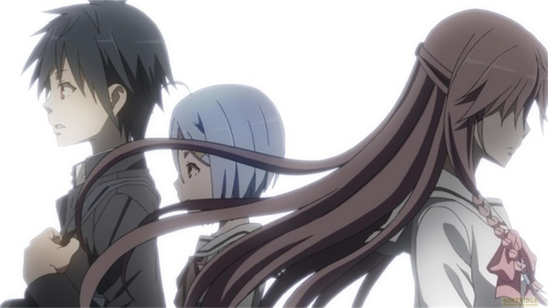 Tre personaggi anime che si voltano, con capelli castani, blu e scuri.