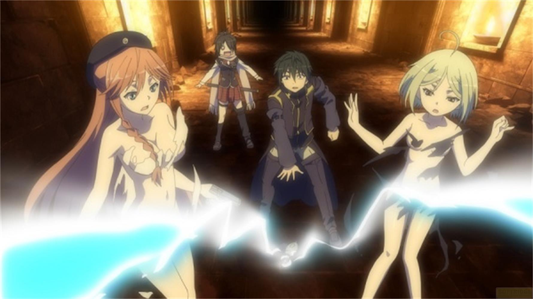 Personaggi anime in un corridoio con effetti energetici luminosi.