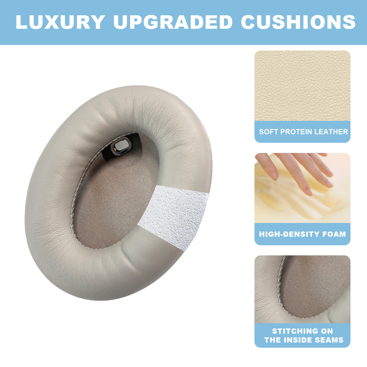 Szara poduszka słuchawek z miękkiej skóry proteinowej, pianki i szwów.