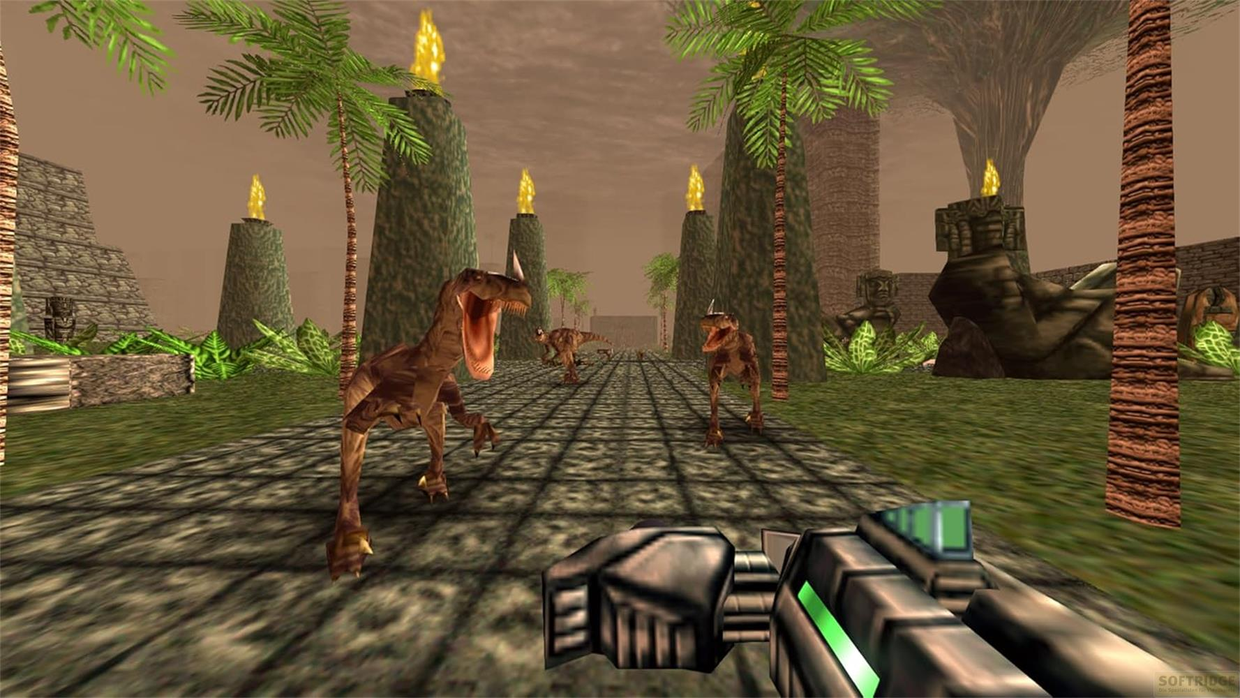 Dinosauri su un sentiero lastricato con palme e colonne di fuoco.