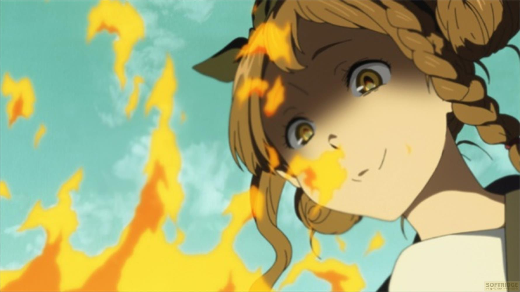 Ragazza anime con trecce castane guarda a destra, fiamme in primo piano.