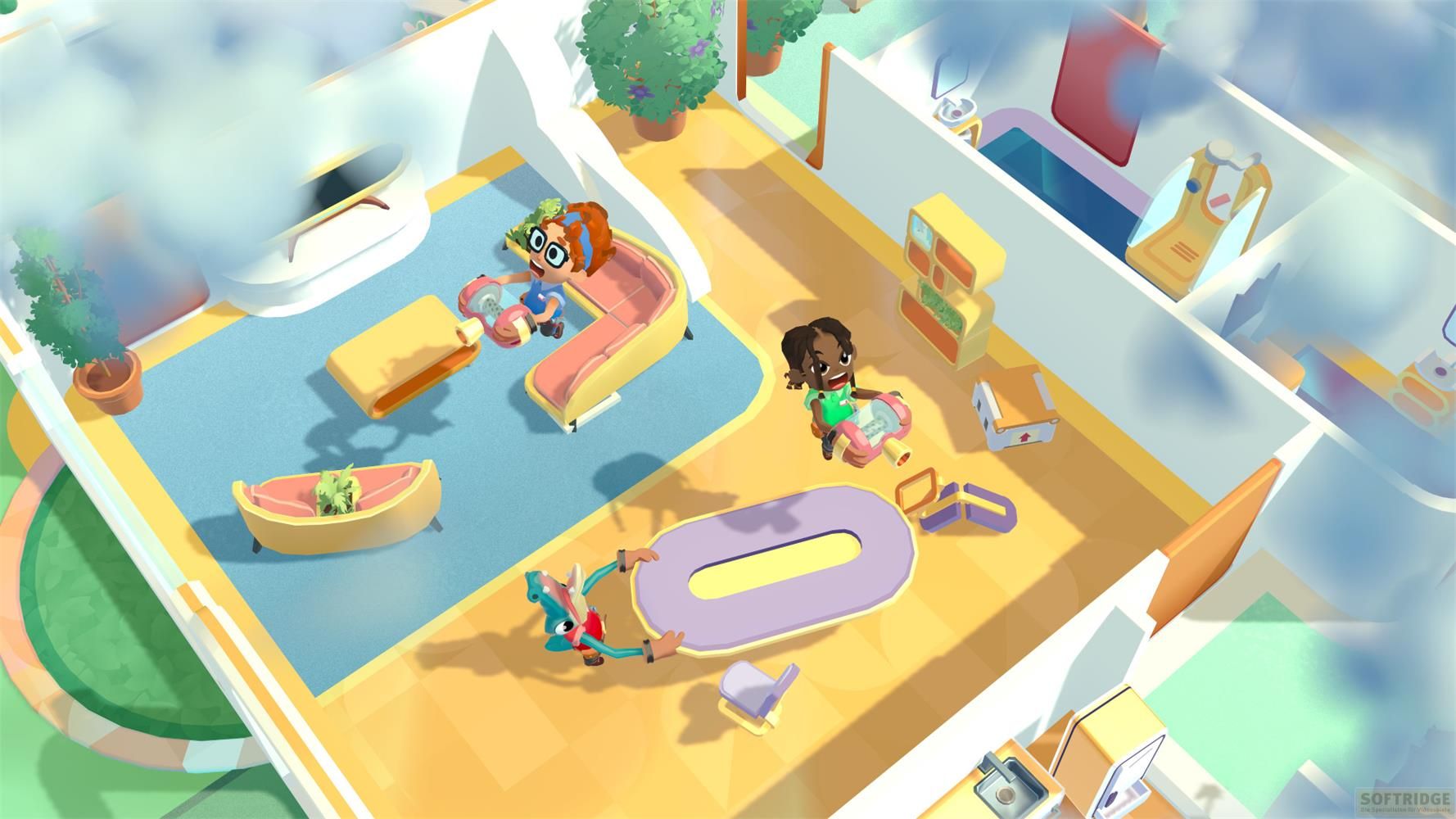 Kinder spielen in einem bunten Haus mit Möbeln und Pflanzen.