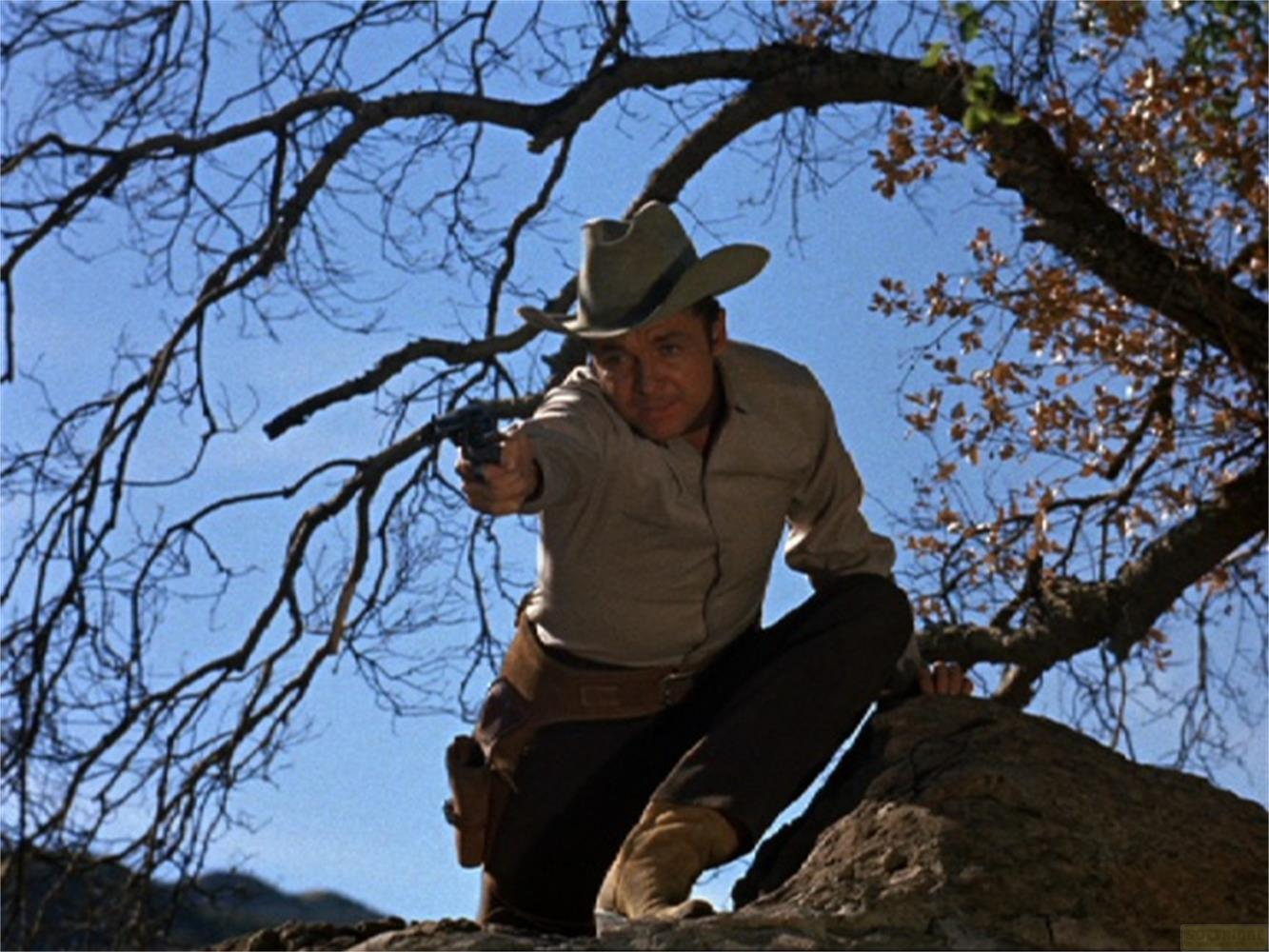 Un uomo con cappello da cowboy punta una pistola, accovacciato su rocce sotto alberi.