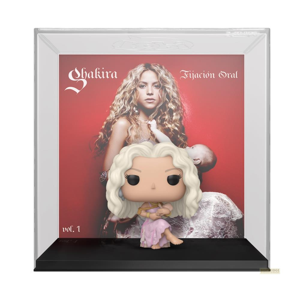 Una figura Funko Pop de Shakira con pelo rubio y vestido rosa frente a portada de álbum.