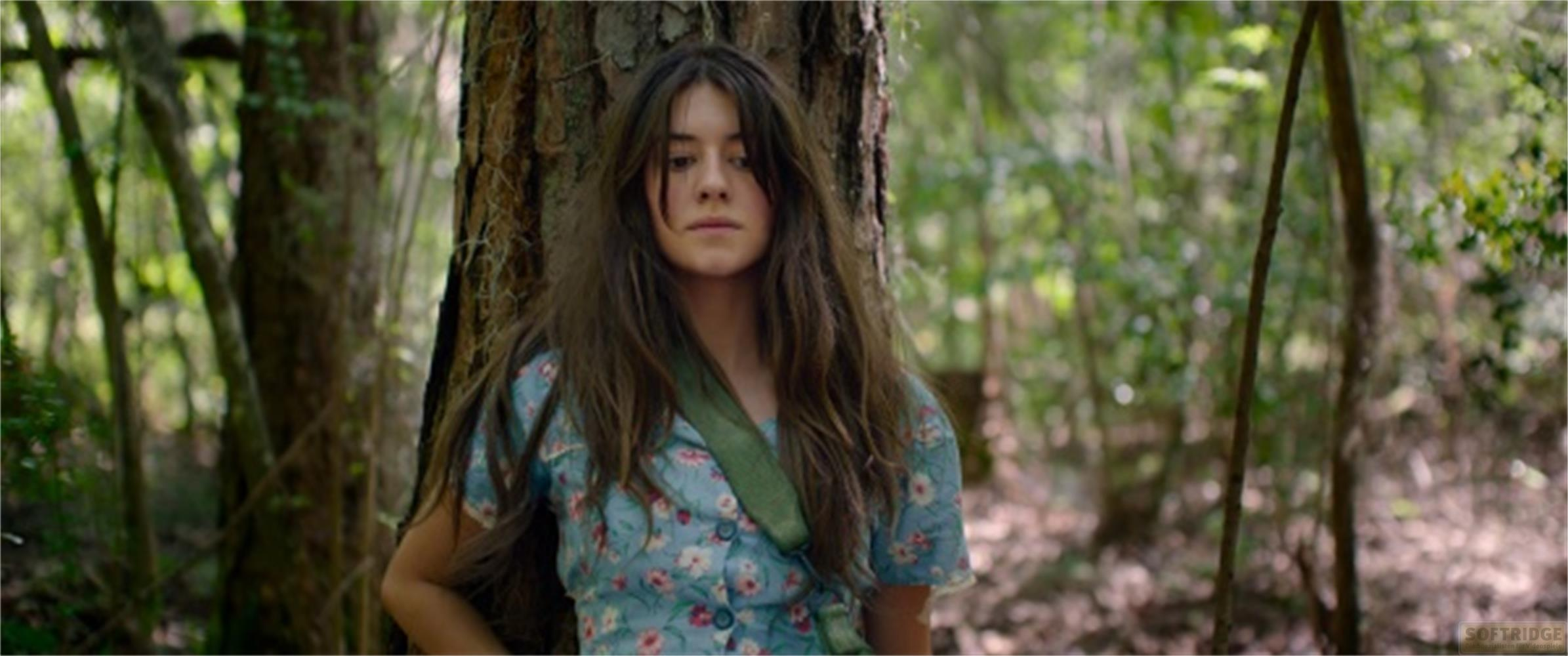 Una ragazza con lunghi capelli castani si appoggia a un albero nel bosco.