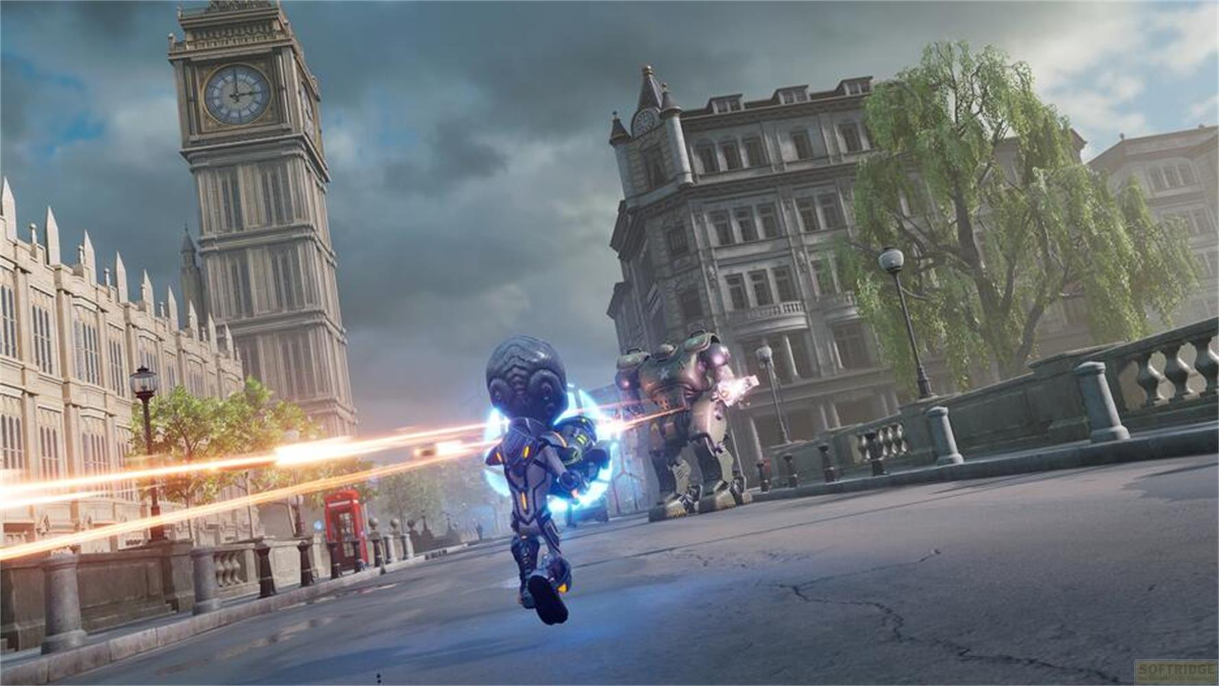 Ein kleiner Außerirdischer und ein Roboter kämpfen vor Big Ben, London.