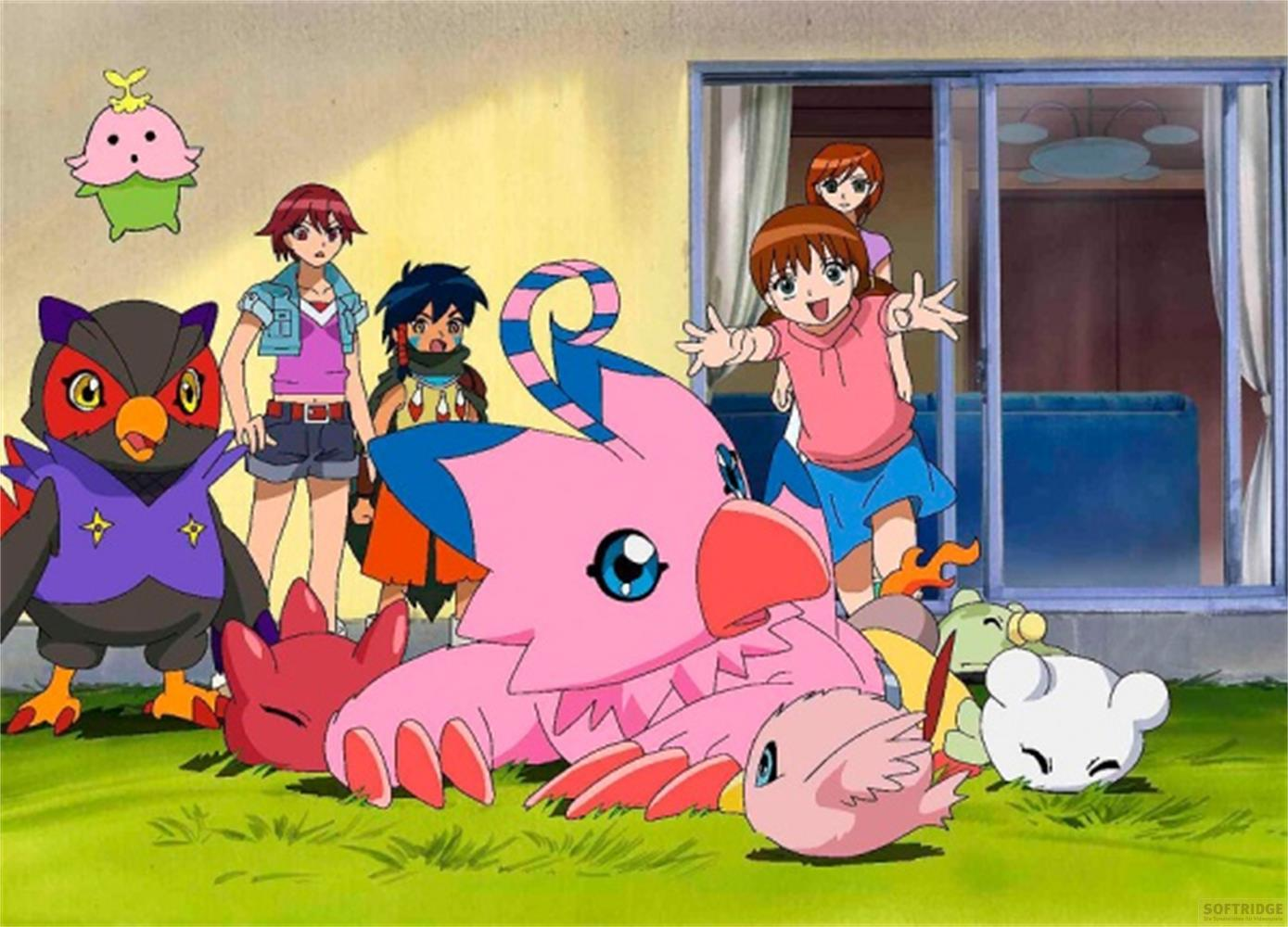 Personaggi e Digimon animati su un prato verde.