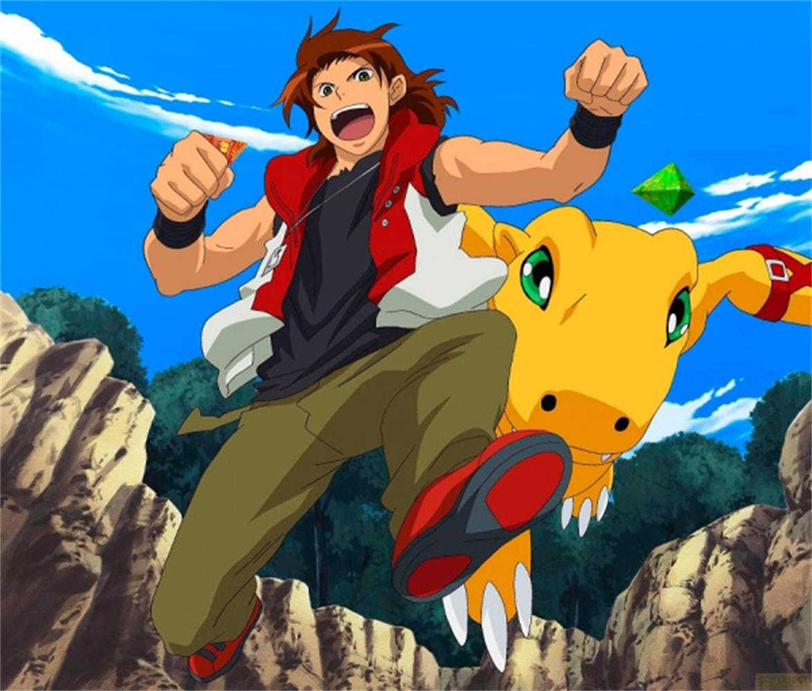 Un ragazzo salta con un Digimon giallo contro un cielo blu.