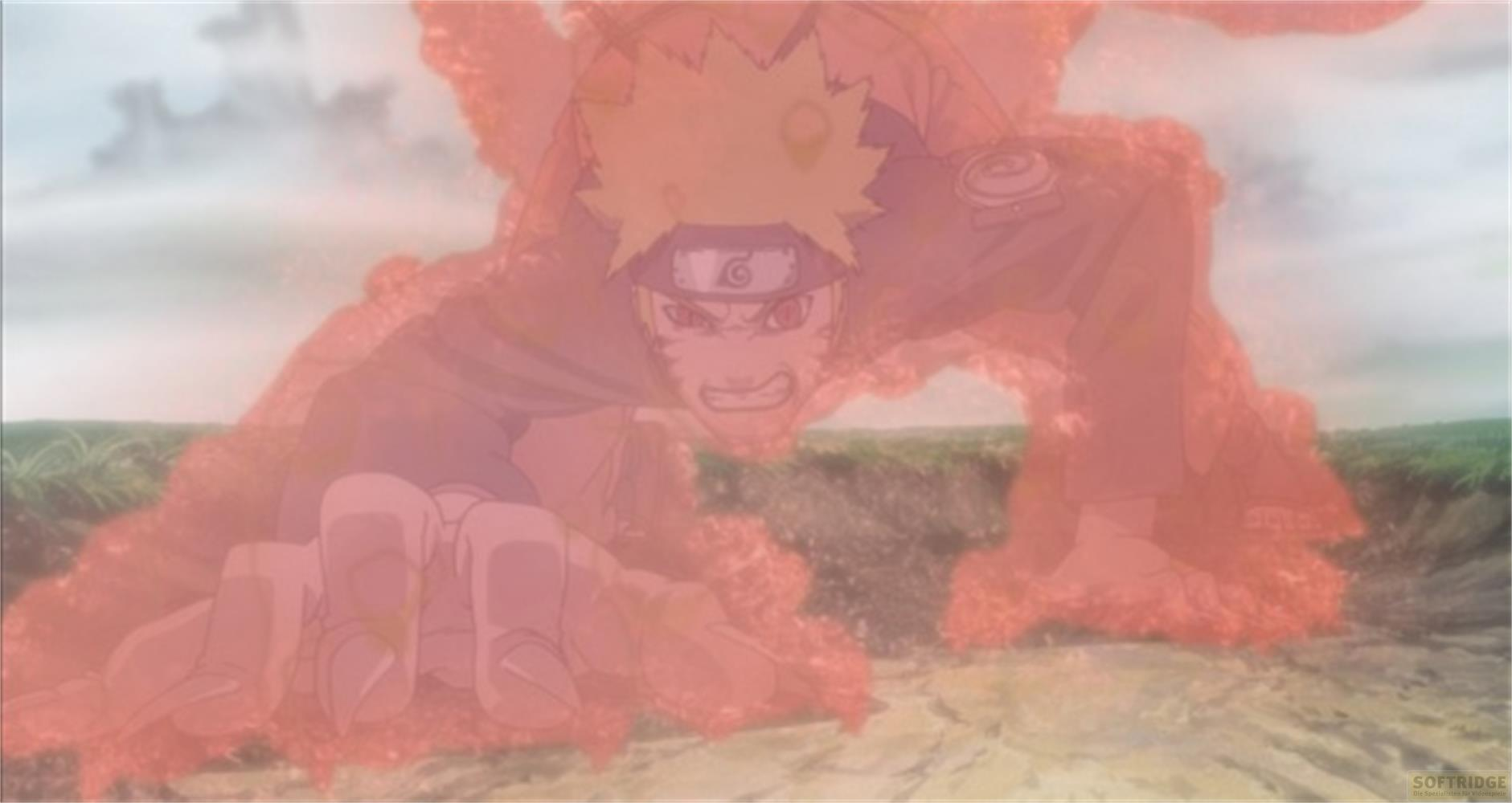 Naruto in modalità Chakra di Kyuubi, ringhiando accovacciato a terra.