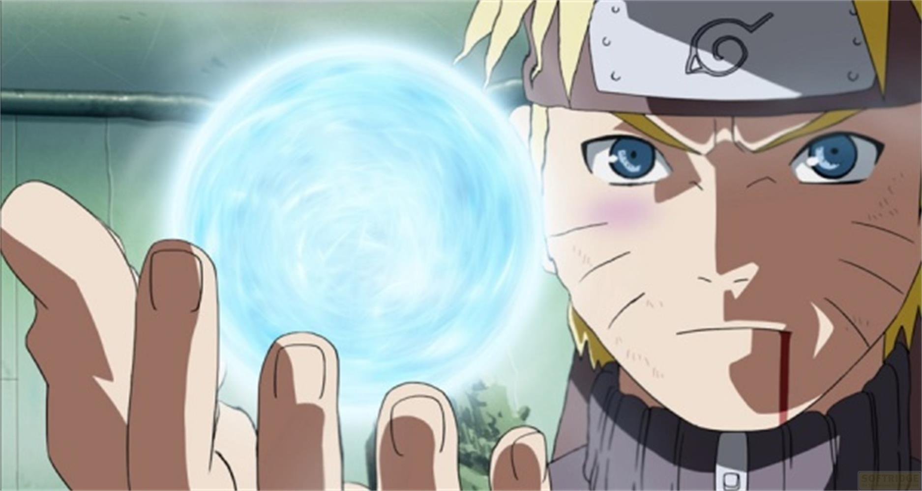 Naruto tiene un globo blu brillante in mano, il suo viso è teso.