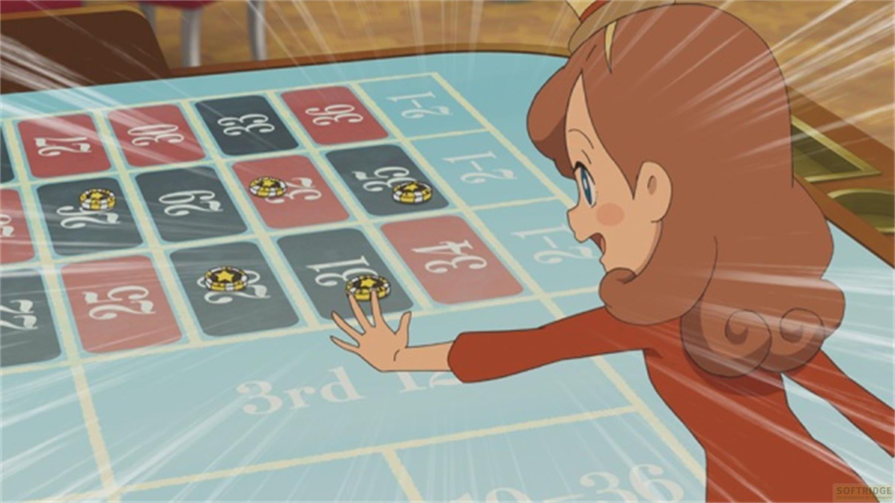 Ragazza in rosso gioca alla roulette, piazza fiches sui numeri 25, 26, 29, 31, 33, 34, 35, 36.