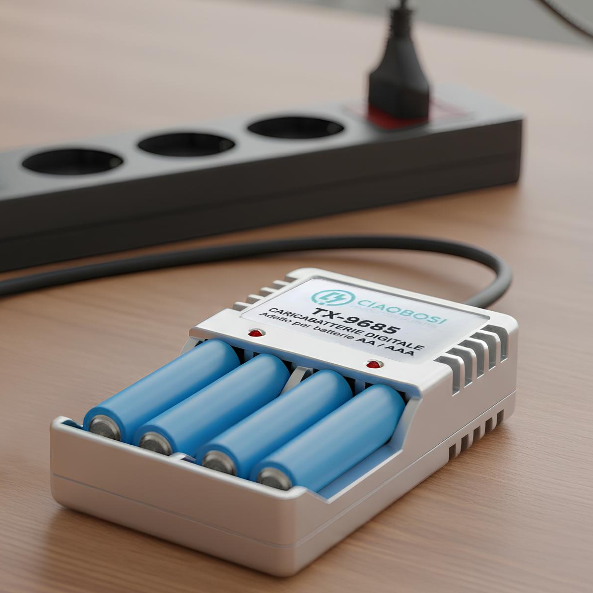 Ein Ladegerät mit vier blauen AA-Batterien und einem Netzteil.