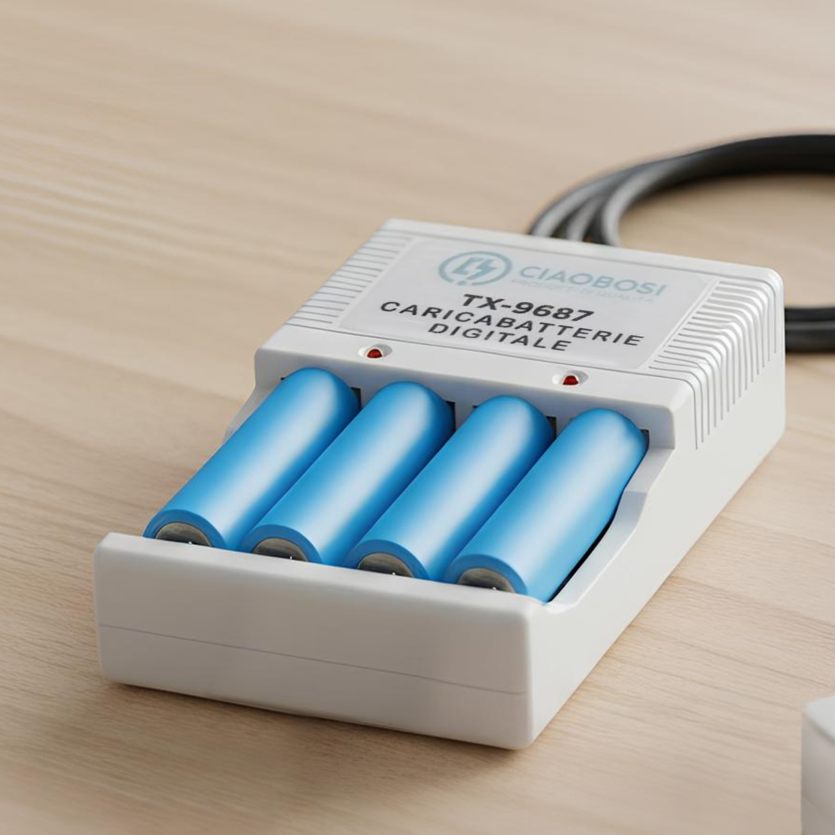 Ein weißes Ladegerät mit vier blauen Batterien auf einem Holztisch.