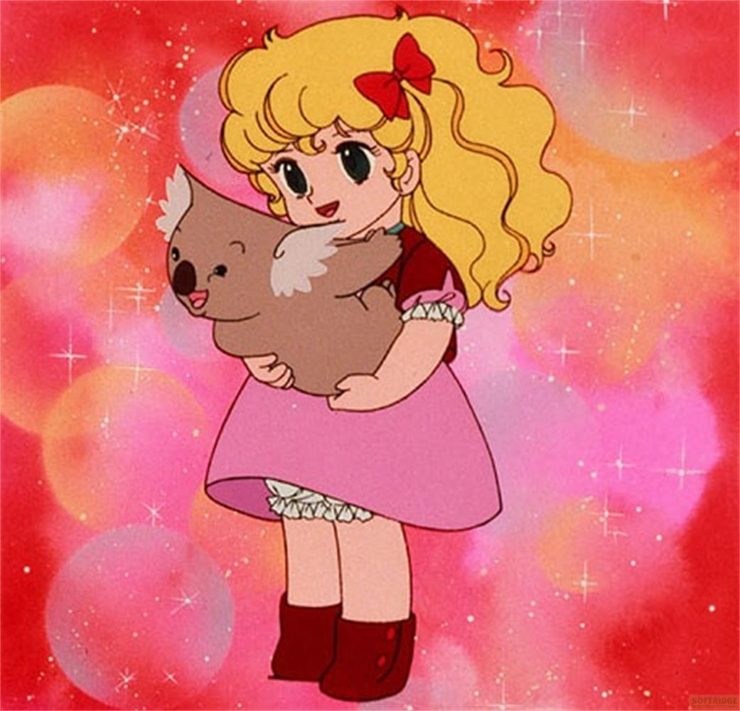Une fille d'anime aux cheveux blonds et nœud rouge tient un koala.