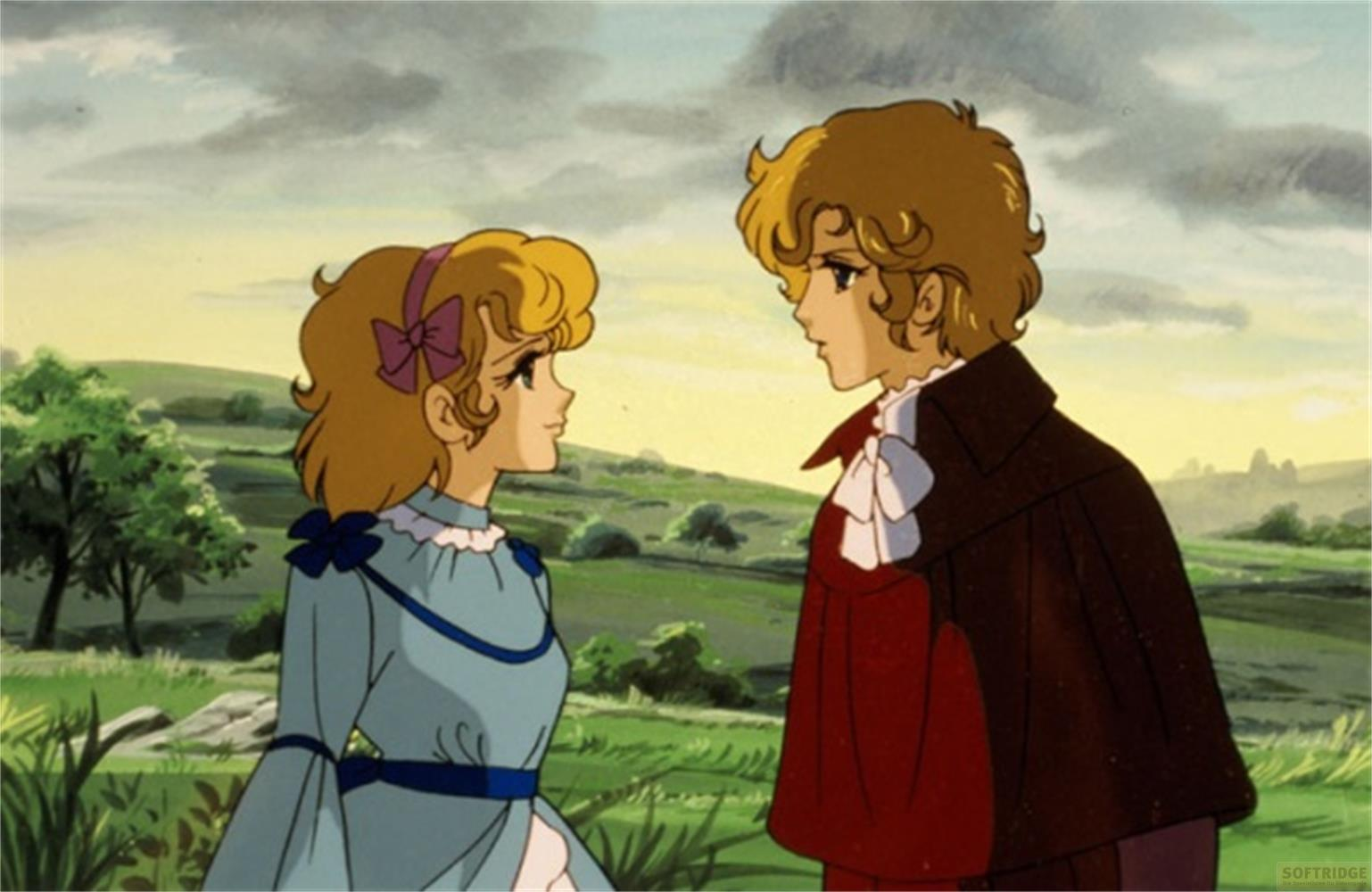 Deux personnages d'anime, un garçon et une fille, se font face dans un paysage verdoyant.