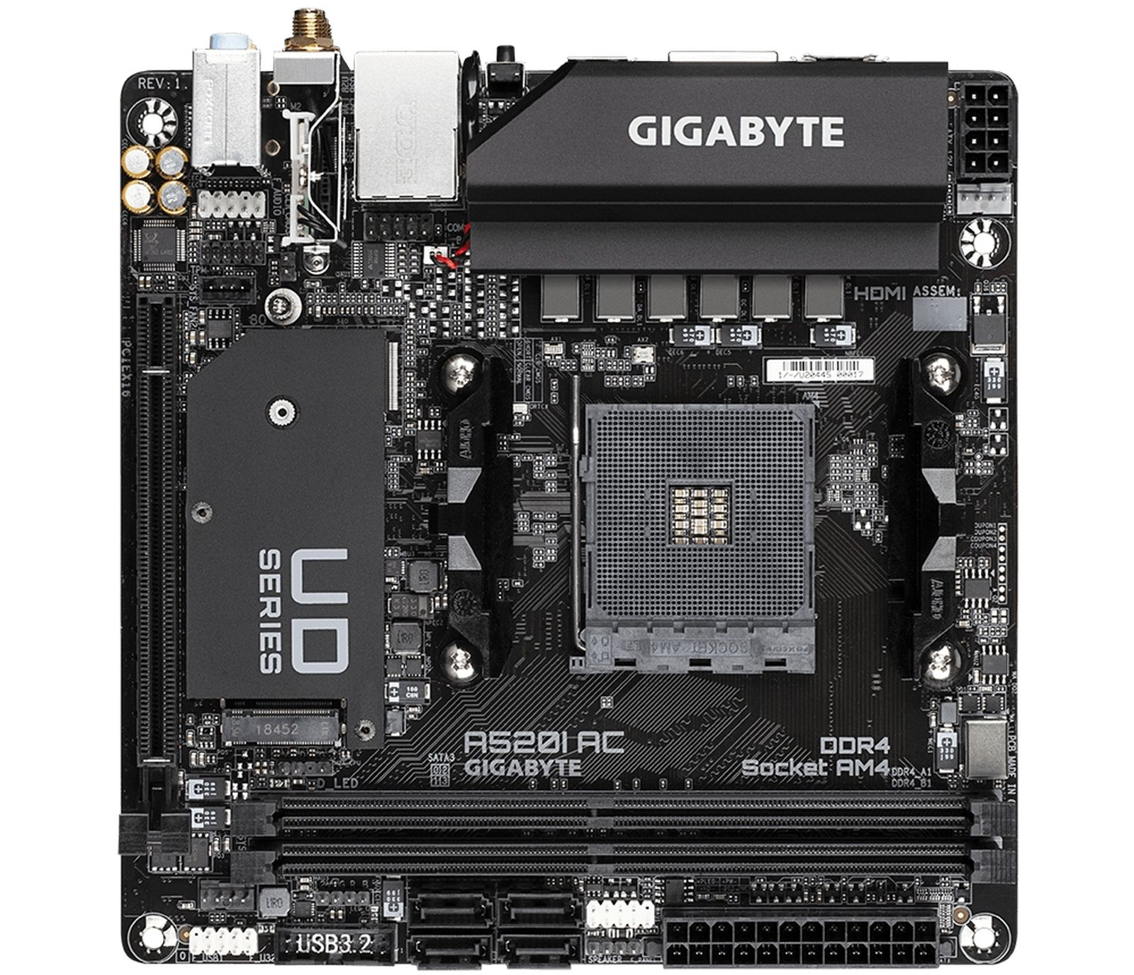 Gigabyte A520I AC motherboard with CPU socket AM4, DDR4 slots, and connectors.