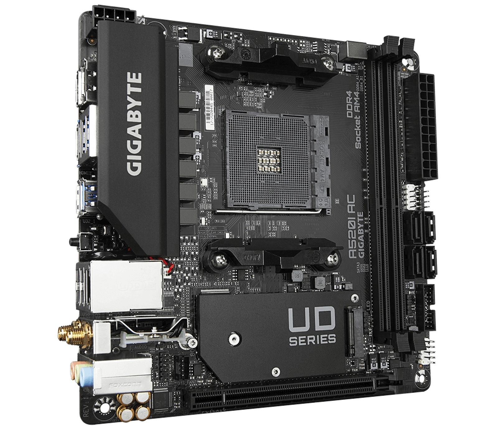 A black Gigabyte motherboard with AM4 socket, DDR4 slots, and UD series branding.