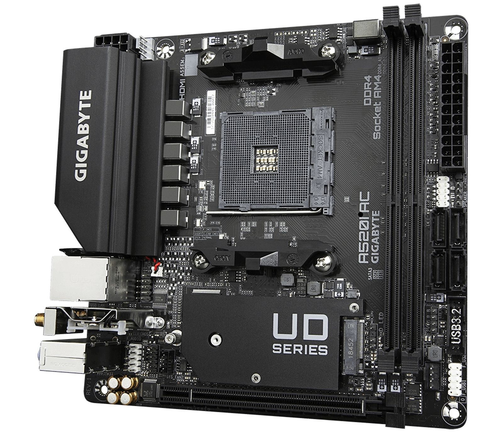 A black Gigabyte A520I AC motherboard with AM4 socket, DDR4, and UD series.