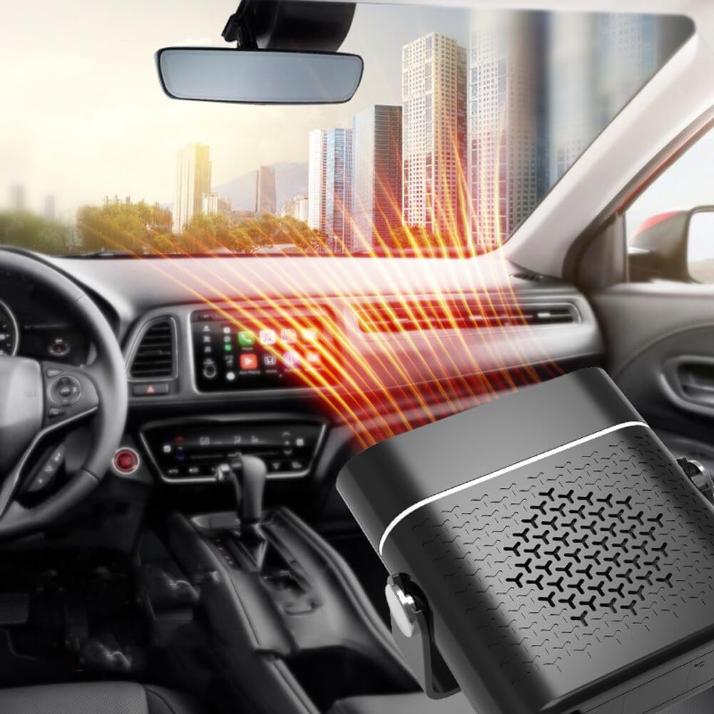 Ein schwarzer Lufterfrischer im Auto, der Luft ausstößt. Stadt im Hintergrund.