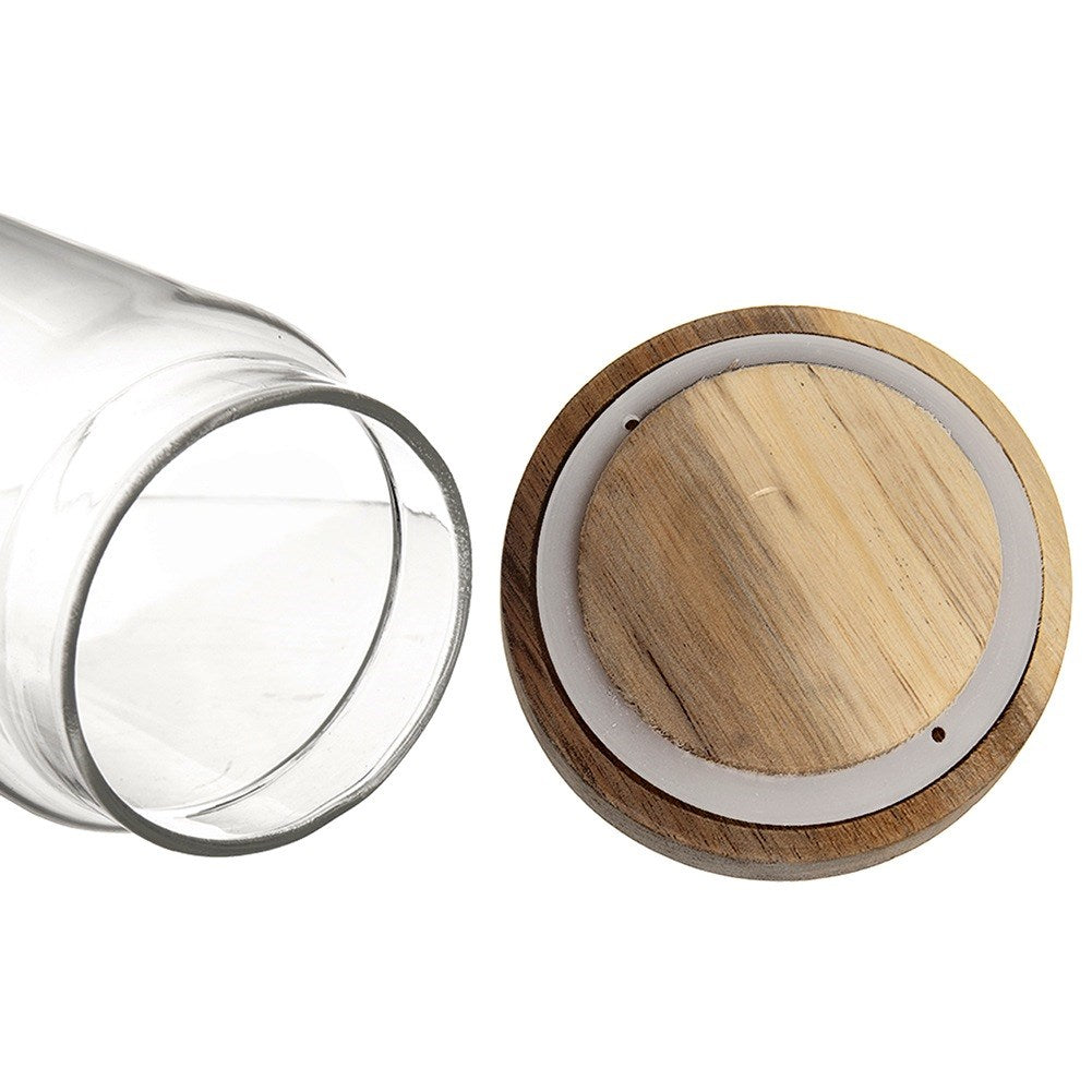 Abertura de frasco de vidrio y tapa de madera con sello de silicona