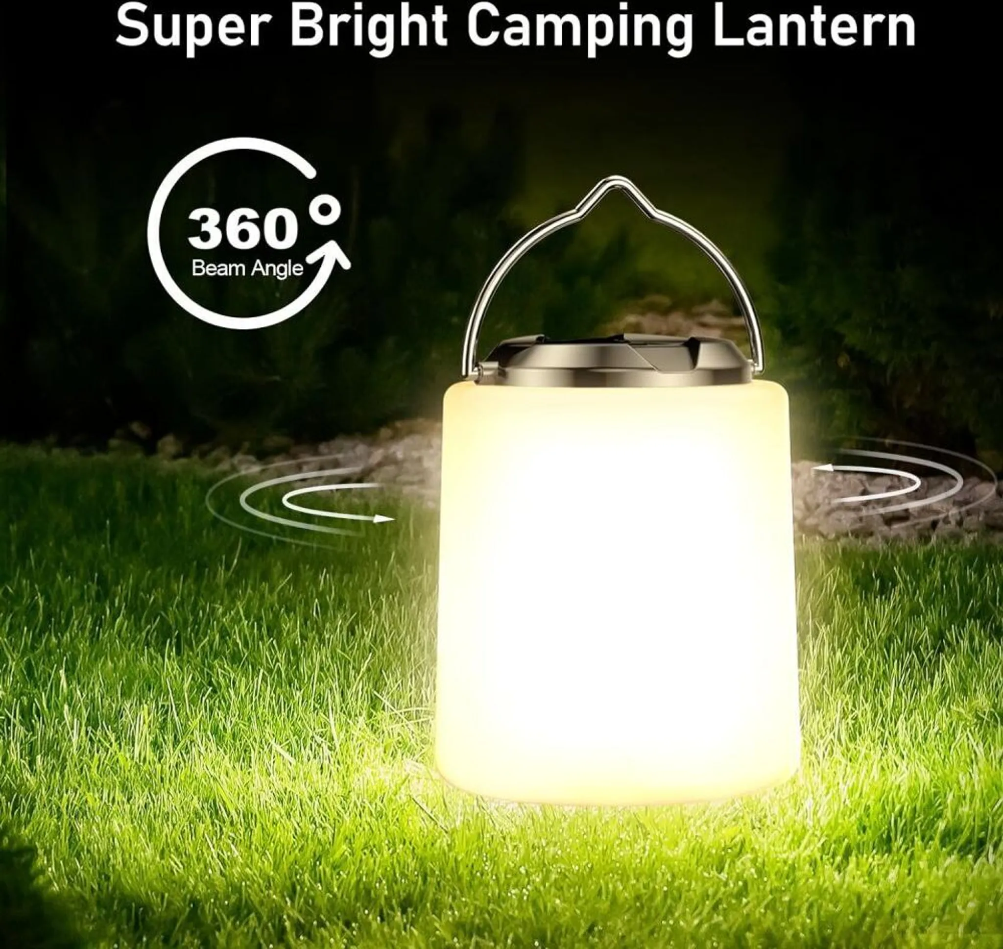 Eine leuchtende Campinglaterne steht auf Gras im Dunkeln.
