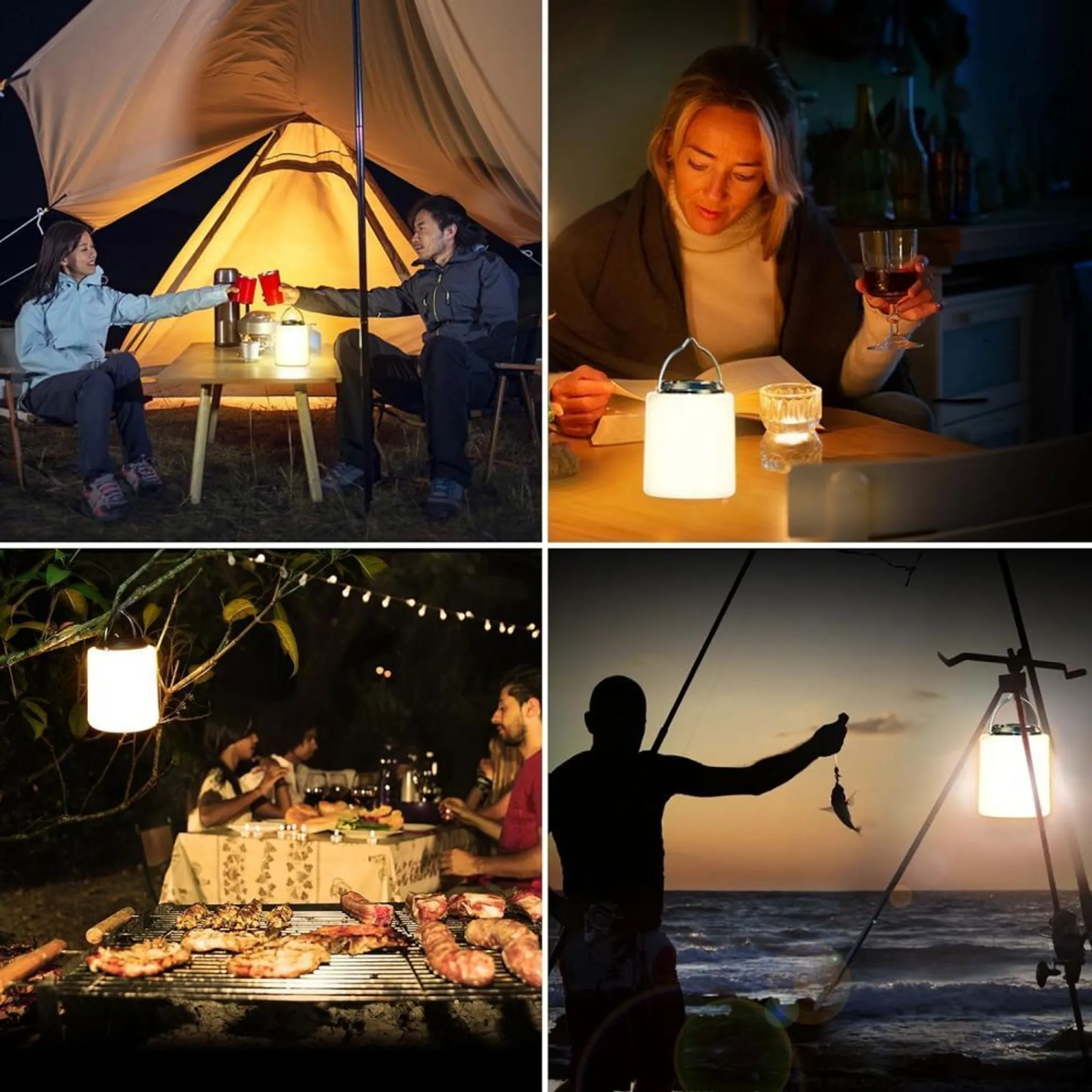 Vier Szenen: Camping, Lesen, Grillen und Angeln, alle mit Laternen beleuchtet.