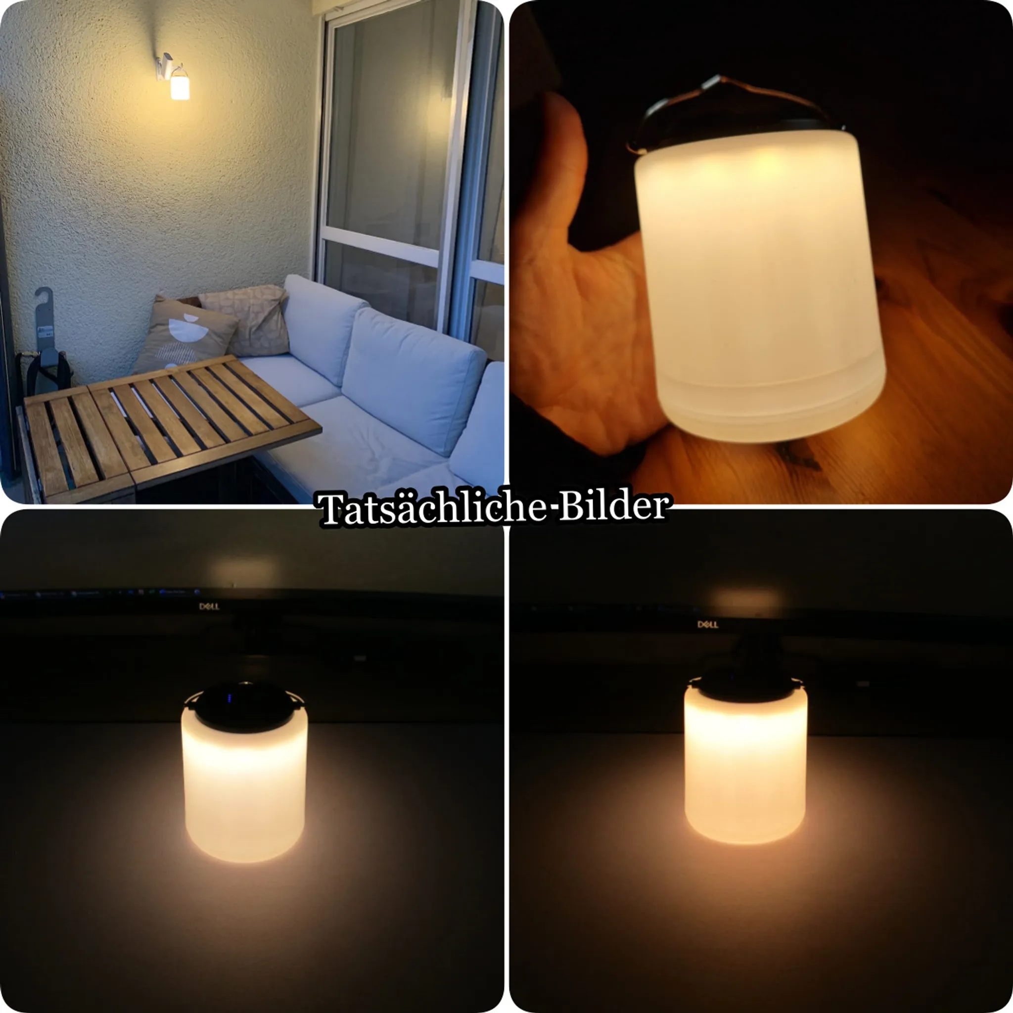 Eine weiße Lampe auf einem Holztisch, daneben ein Sofa.