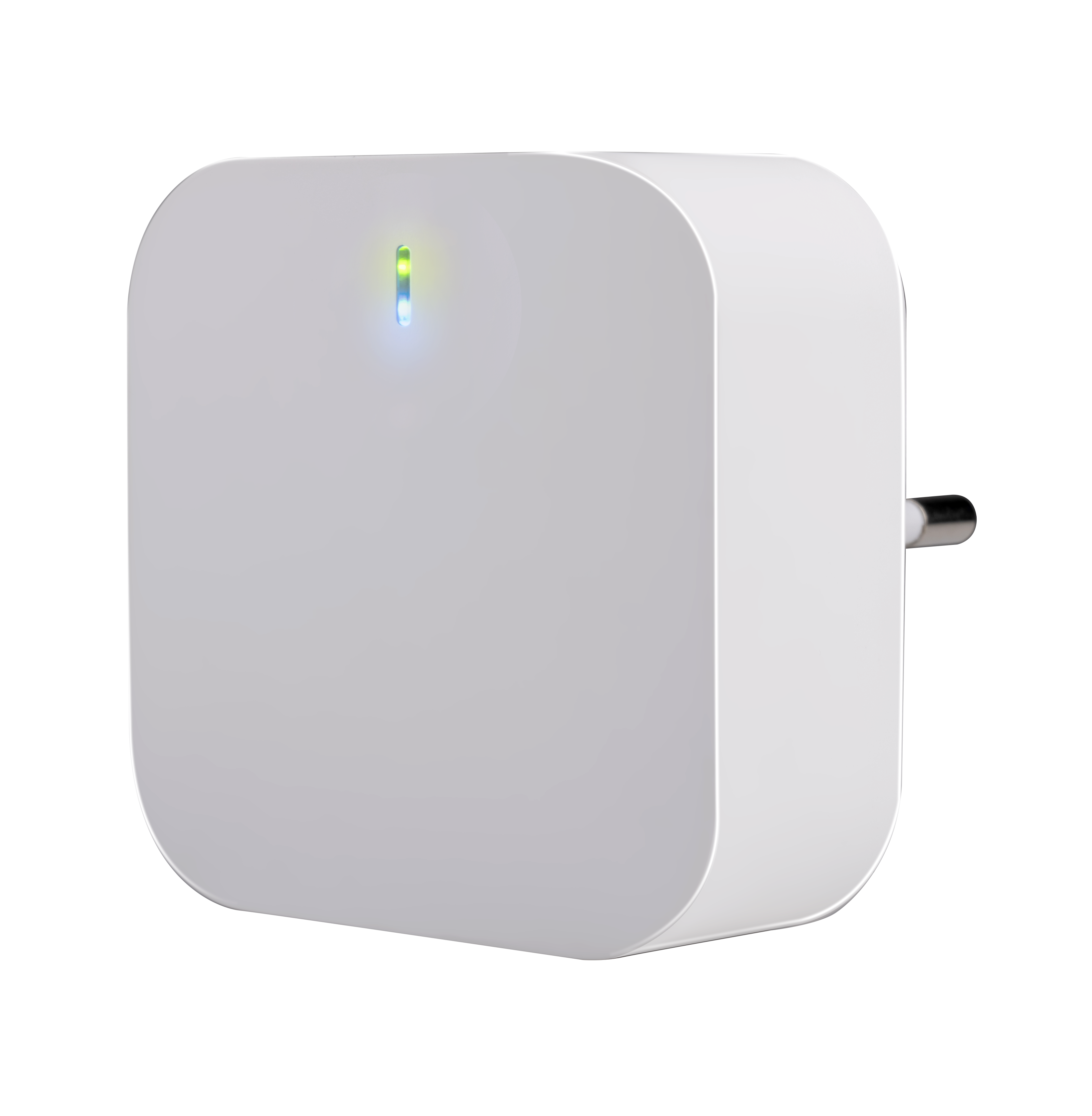 Ein weißer Smart-Stecker mit einem kleinen grünen und blauen Licht oben.