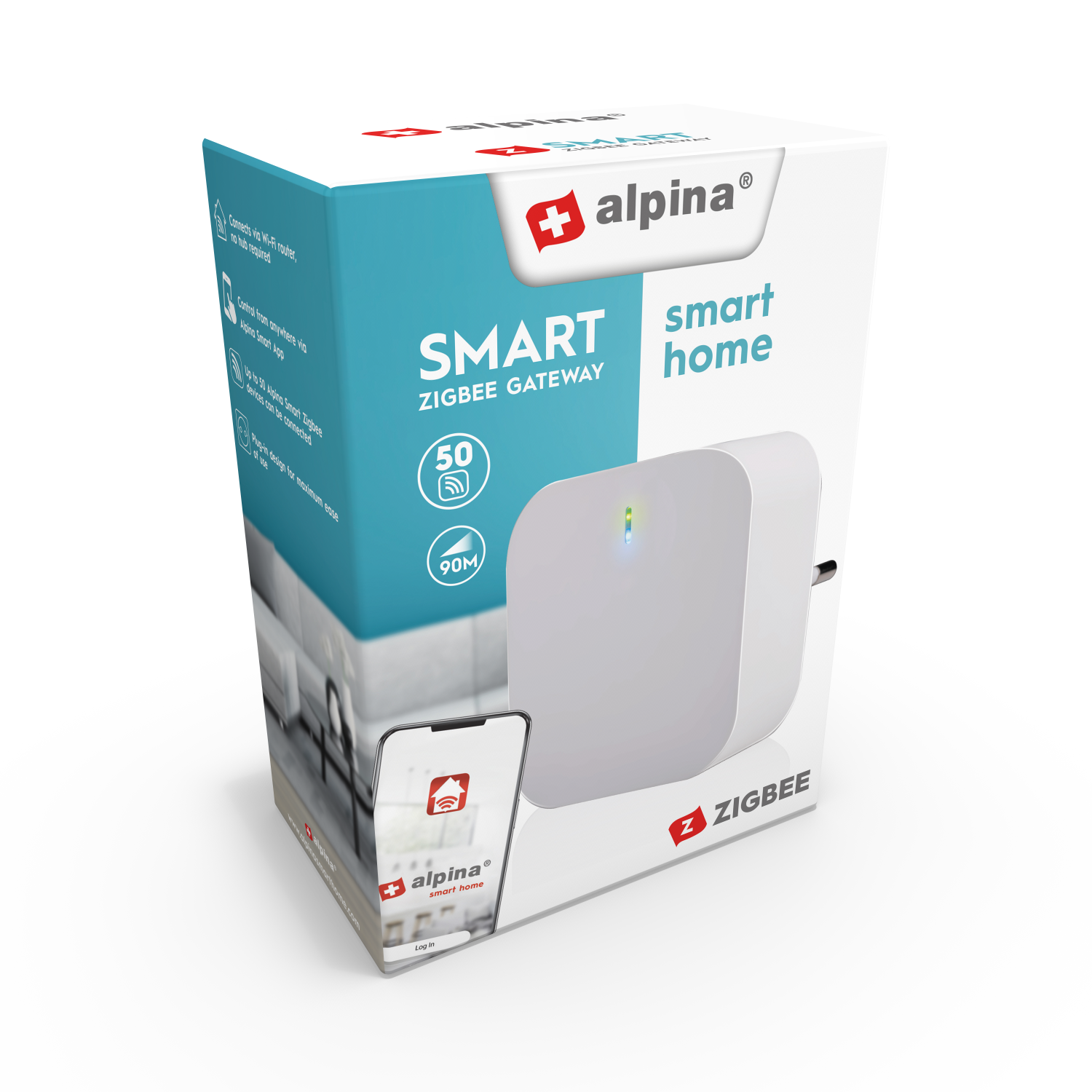 Alpina Smart Zigbee Gateway Box mit Gerät, App auf Handy, Icons für 50 Geräte & 90m Reichweite.