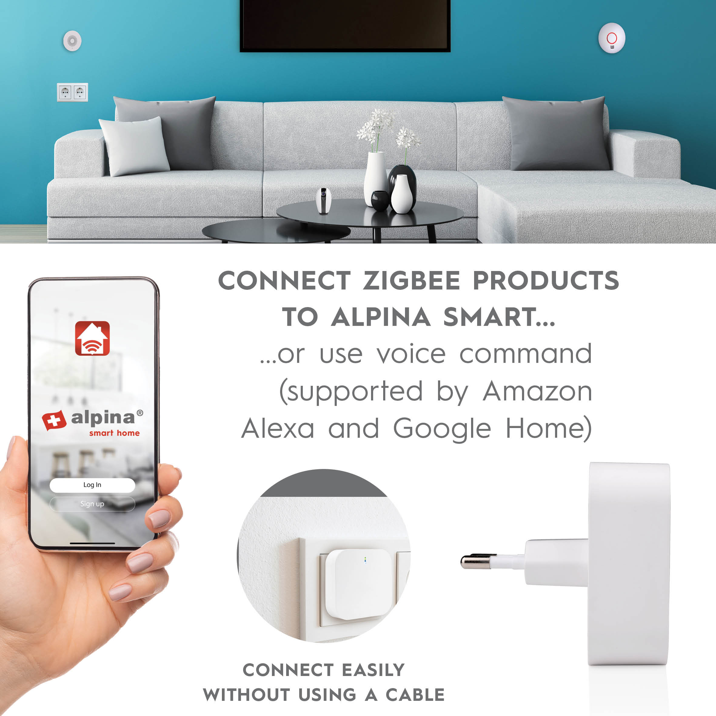 Ein Smartphone mit Alpina Smart Home App, ein Wandstecker und ein Wandsensor.