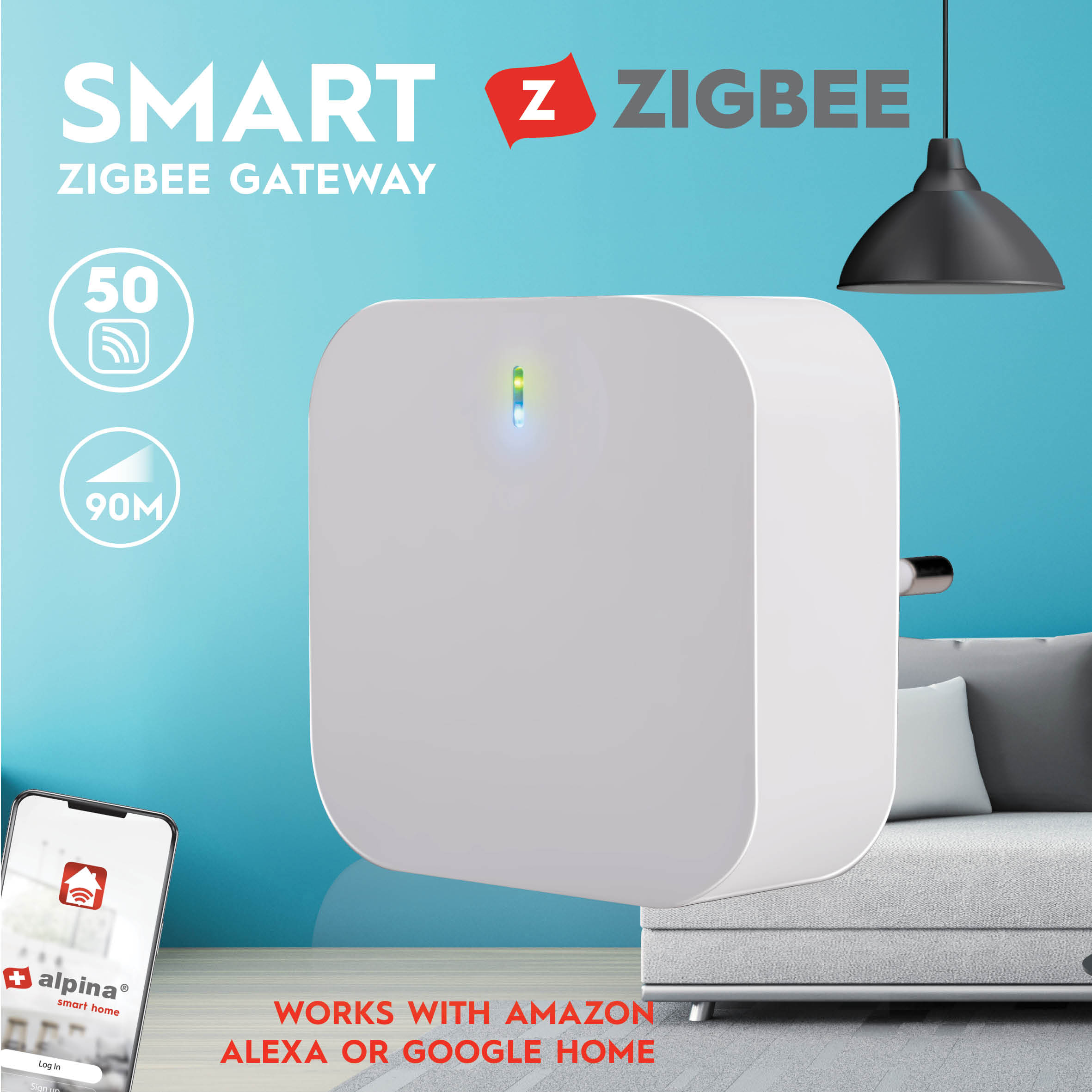 Ein weißes Zigbee-Gateway mit leuchtenden LEDs, neben einem Sofa.