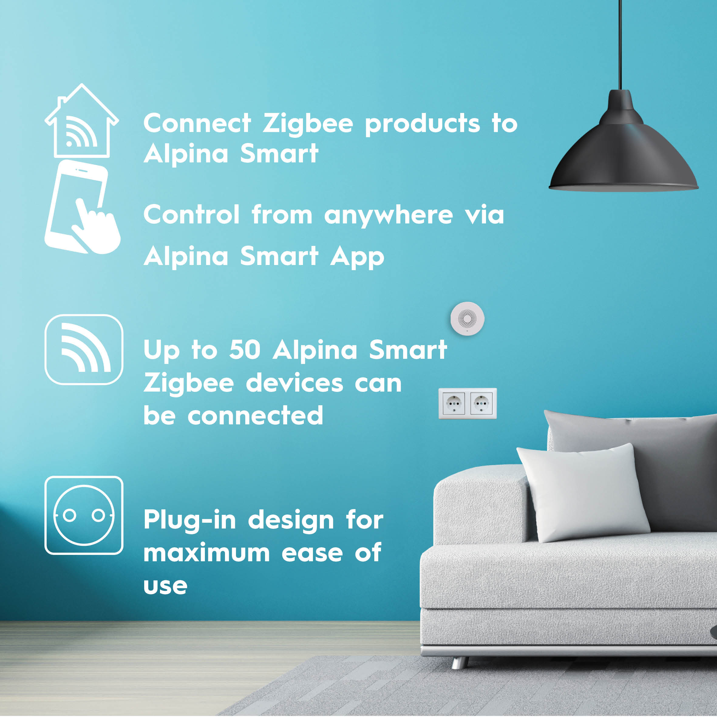 Grafik zeigt Smart Home-Funktionen: Verbindung, Steuerung, Geräteanzahl, Plug-in.