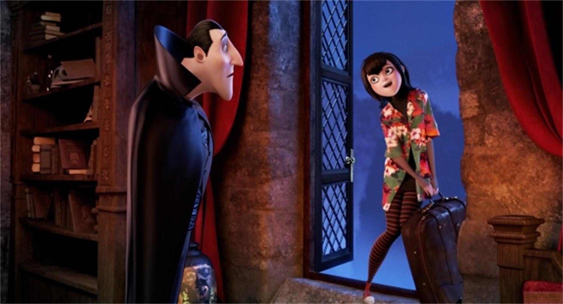 Dracula et Mavis se tiennent près d'une fenêtre ouverte avec une valise.