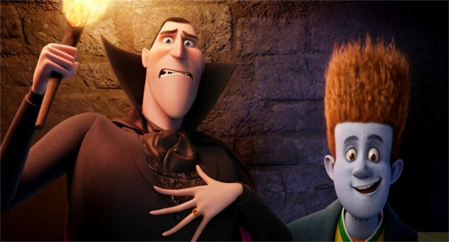 Dracula tient une torche, à côté de lui se tient un personnage bleu aux cheveux roux.