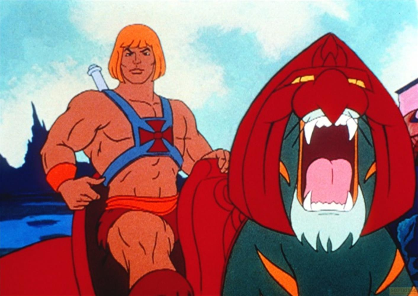 He-Man reitet auf Battle Cat, der mit weit offenem Maul brüllt.