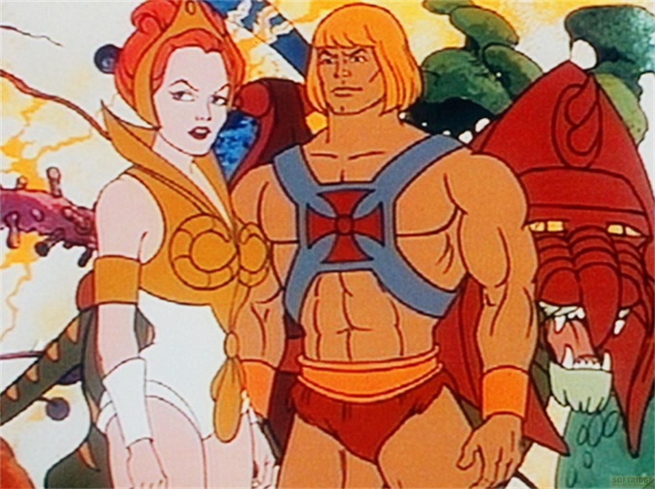 He-Man und Teela stehen vor einem roten Monster und grünen Kreaturen.