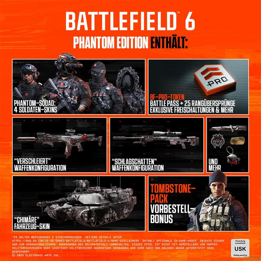 Contenuti Battlefield 6 Edizione Phantom: skin, token BF-Pro, armi, skin veicolo e altro.