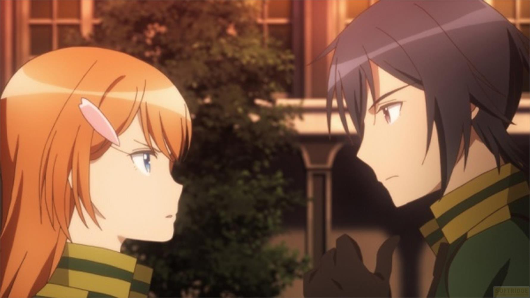 Scena anime: Ragazzo e ragazza di profilo, espressioni serie, all'aperto.