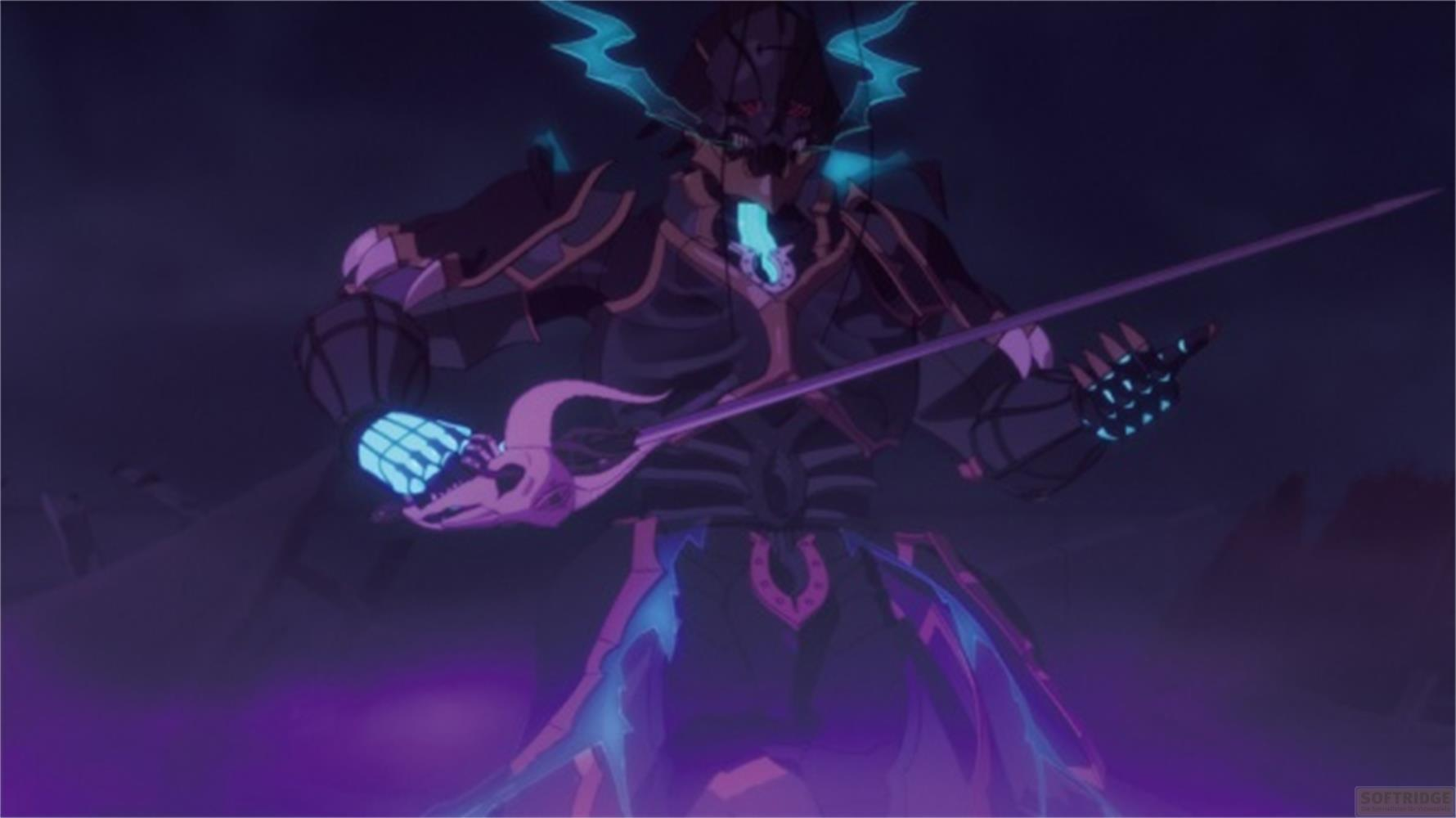 Un cavaliere oscuro con accenti blu luminosi e una spada.