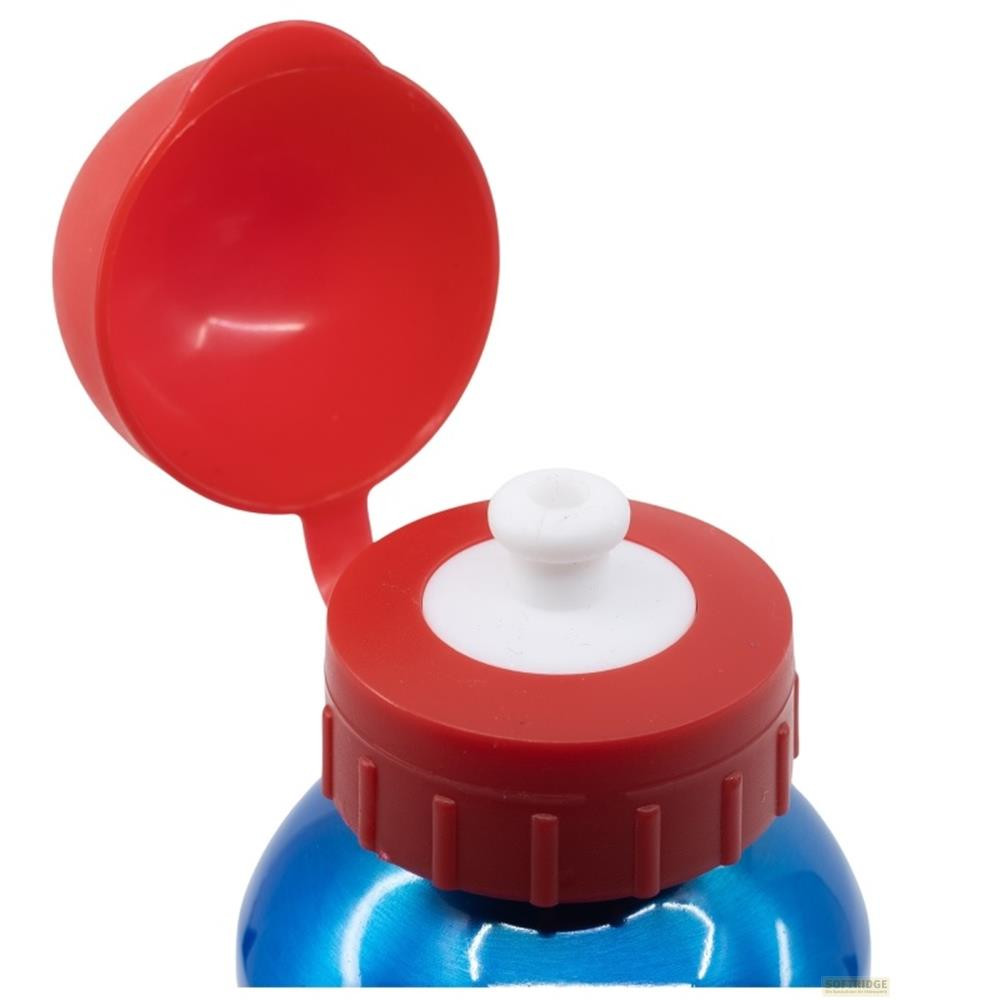 Tapa azul de botella de agua con tapa abatible roja y boquilla blanca.