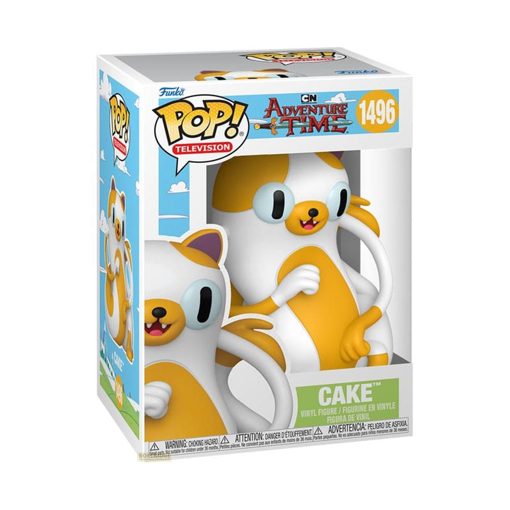 Funko Pop! Vinyl Figur von Cake aus Adventure Time, weiß mit orangefarbenen Flecken.