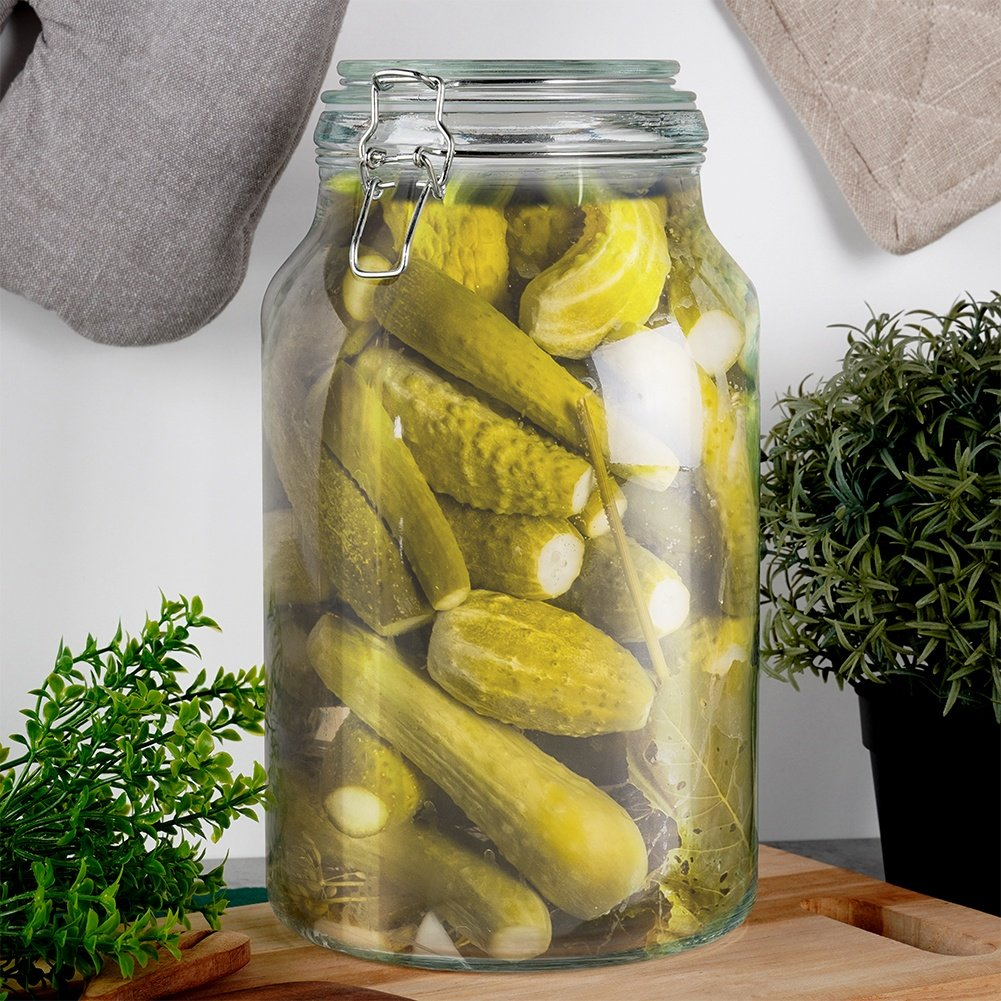 Gran tarro de cristal lleno de pepinillos, con follaje verde y una planta en maceta al lado.